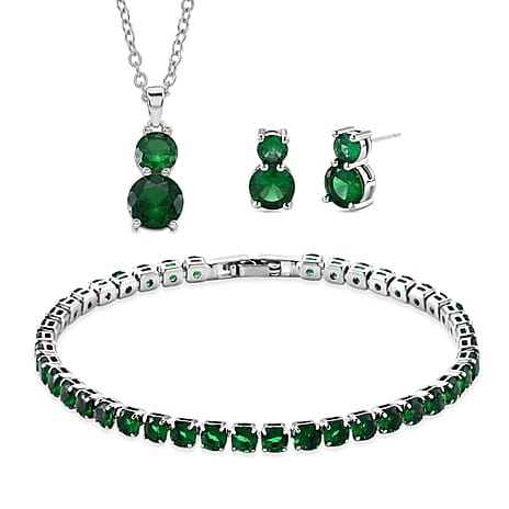 Set of 3 - Green Crystal Bracelet (Size - 7.5), Push Back Earring & Pendant with Chain (Size 20-2 Ext) 17.60 Ct.