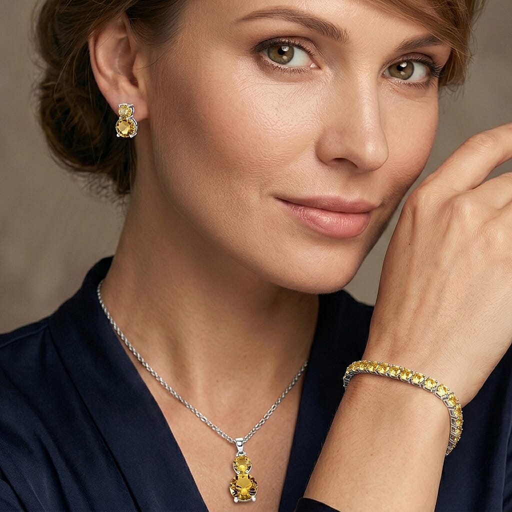 Set of 3 - Yellow Cubic Zirconia Bracelet (Size - 7.5), Push Back Earring & Pendant with Chain (Size 20-2 Ext) 17.60 Ct.