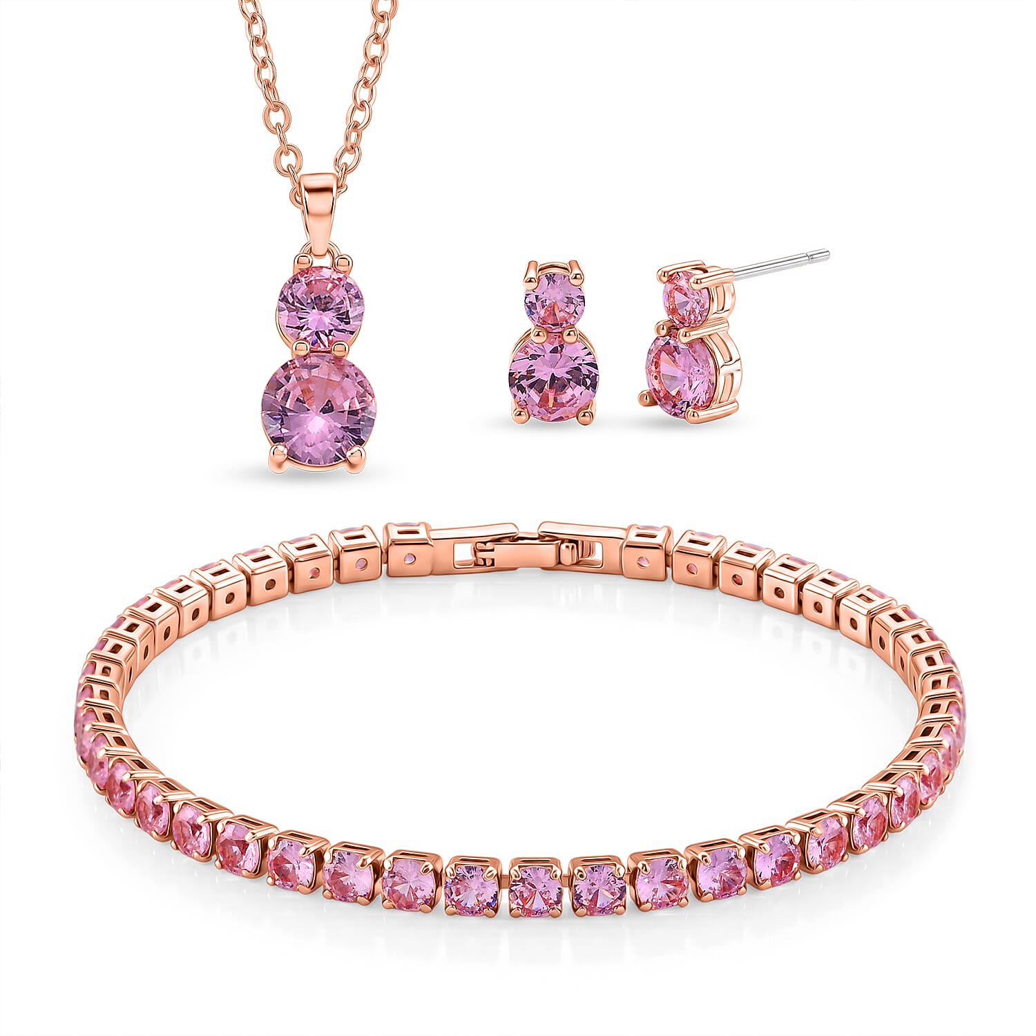 Set of 3 - Pink Cubic Zirconia Bracelet (Size - 7.5), Push Back Earring & Pendant with Chain (Size 20-2 Ext) 17.60 Ct.