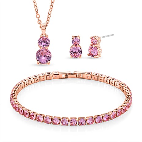 Set of 3 - Pink Cubic Zirconia Bracelet (Size - 7.5), Push Back Earring & Pendant with Chain (Size 20-2 Ext) 17.60 Ct.
