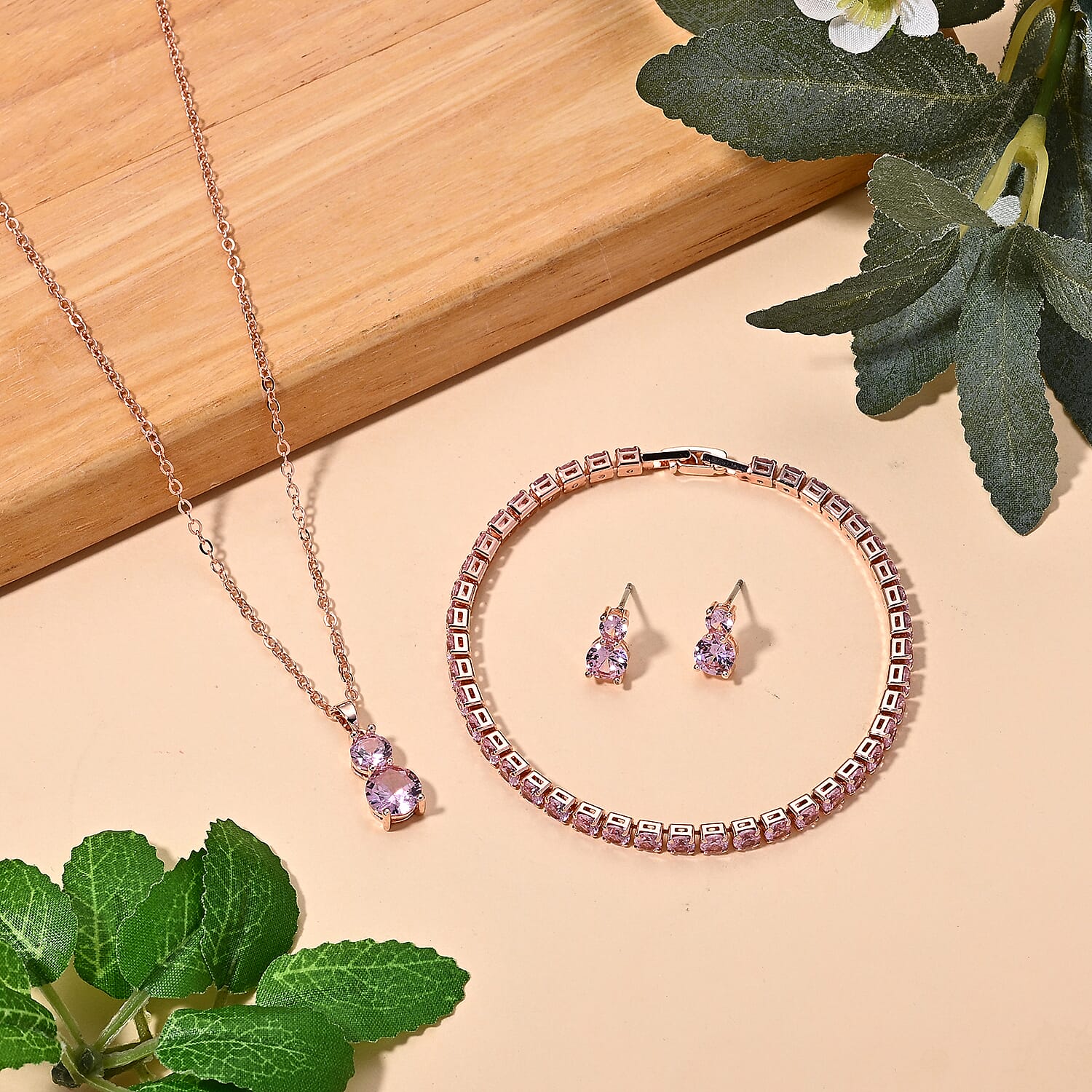 Set of 3 - Pink Cubic Zirconia Bracelet (Size - 7.5), Push Back Earring & Pendant with Chain (Size 20-2 Ext) 17.60 Ct.