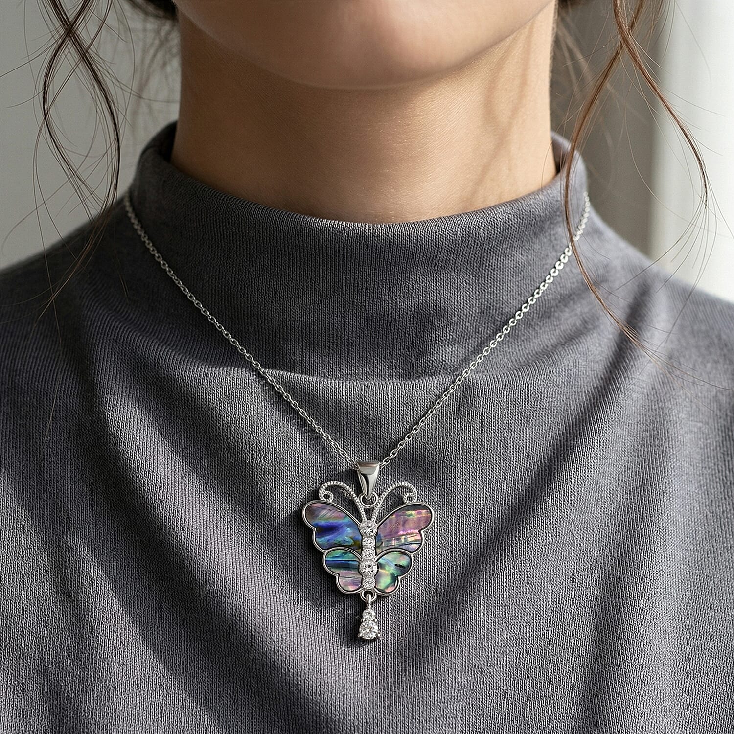 Abalone Shell & White Cubic Zirconia Butterfly Pendant with Chain (Size 24-2 Ext) in Silver Tone 8.00 Ct.