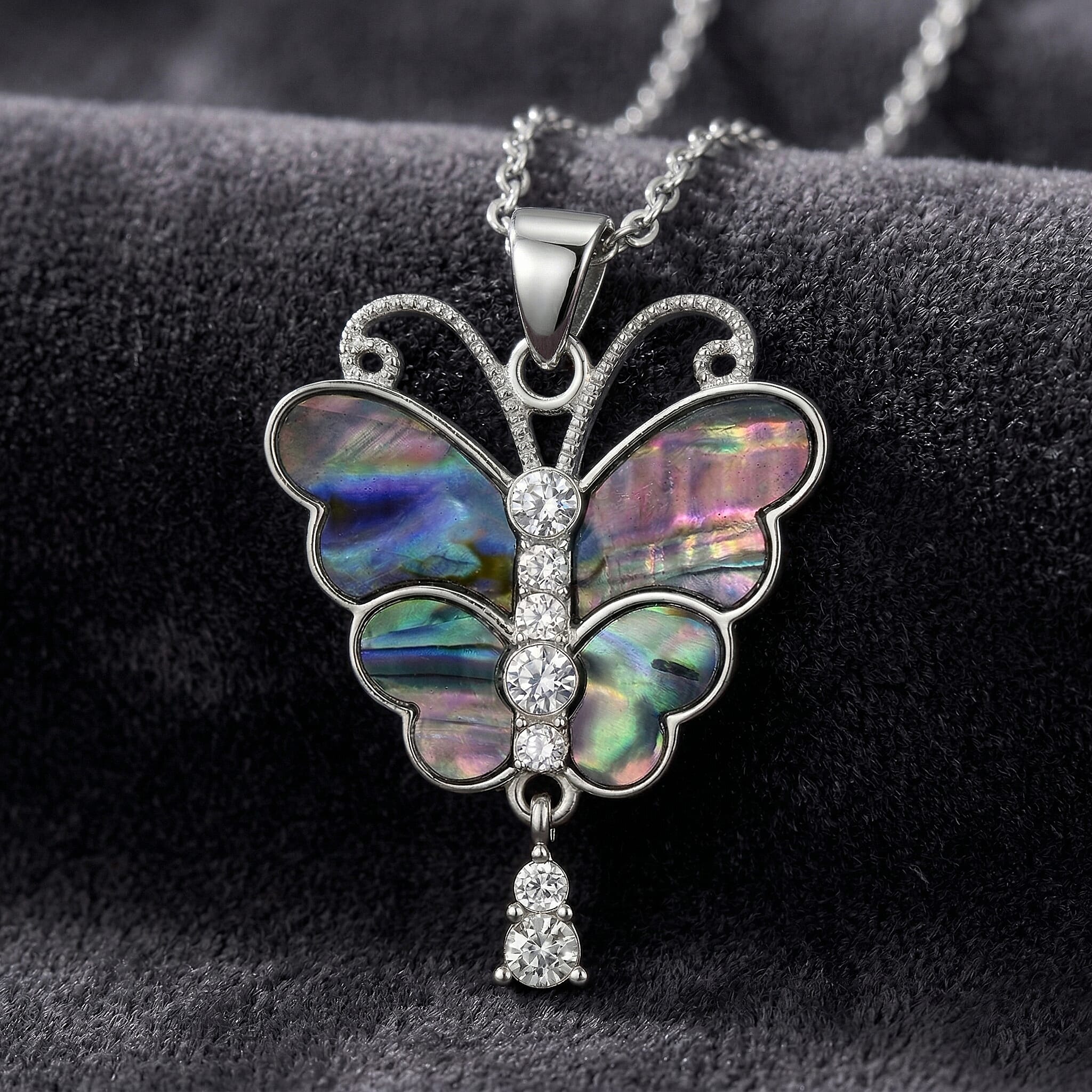 Abalone Shell & White Cubic Zirconia Butterfly Pendant with Chain (Size 24-2 Ext) in Silver Tone 8.00 Ct.