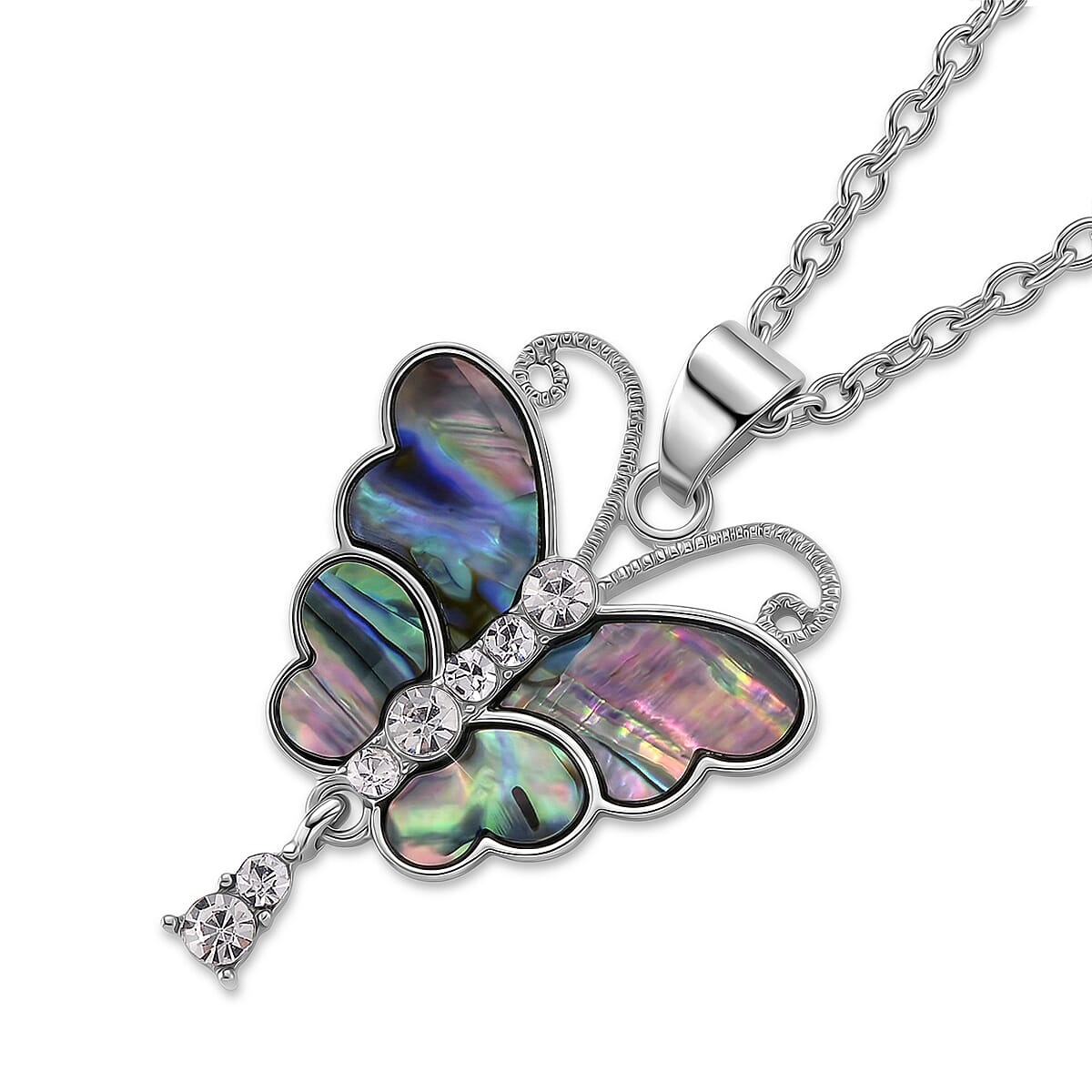 Abalone Shell & White Cubic Zirconia Butterfly Pendant with Chain (Size 24-2 Ext) in Silver Tone 8.00 Ct.