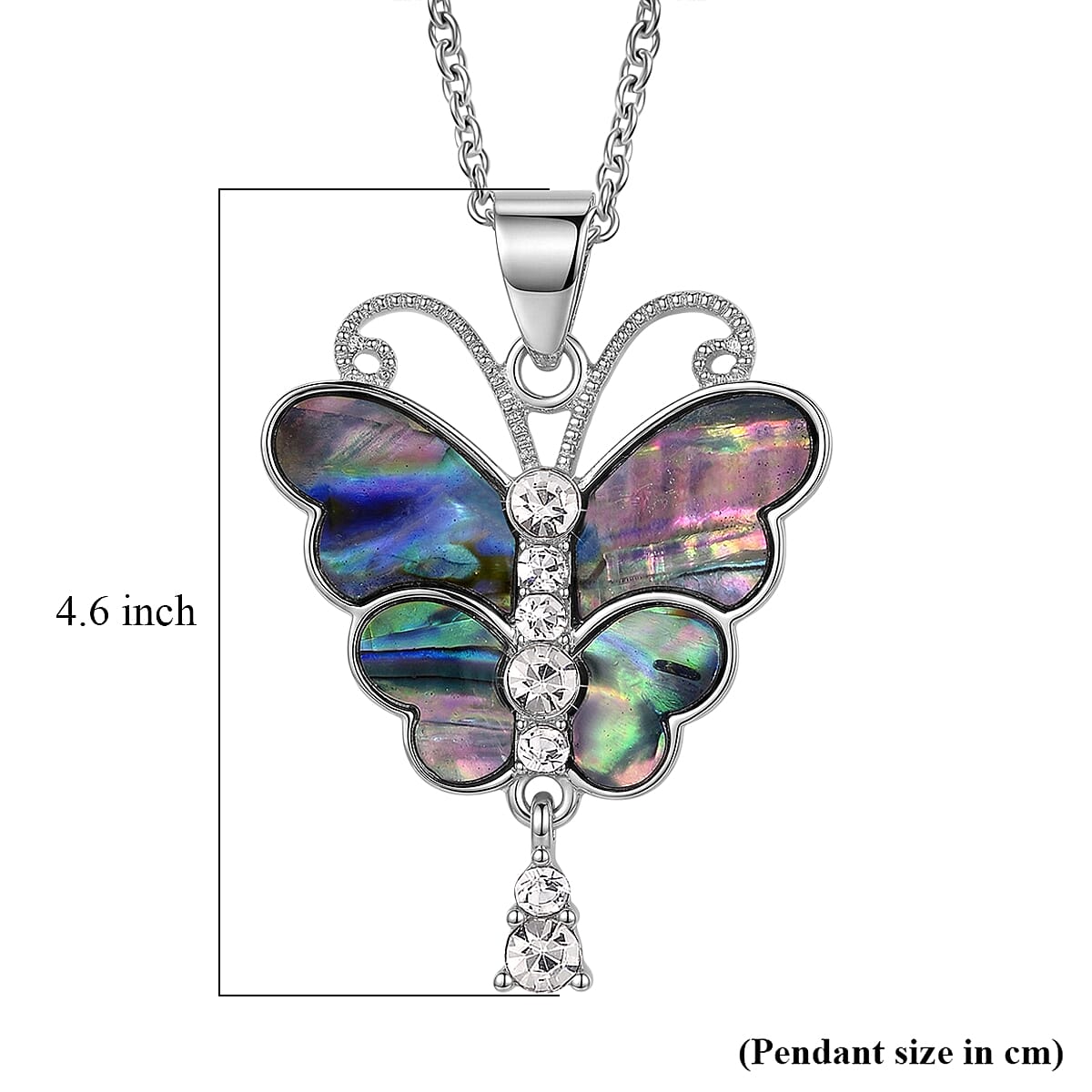 Abalone Shell & White Cubic Zirconia Butterfly Pendant with Chain (Size 24-2 Ext) in Silver Tone 8.00 Ct.