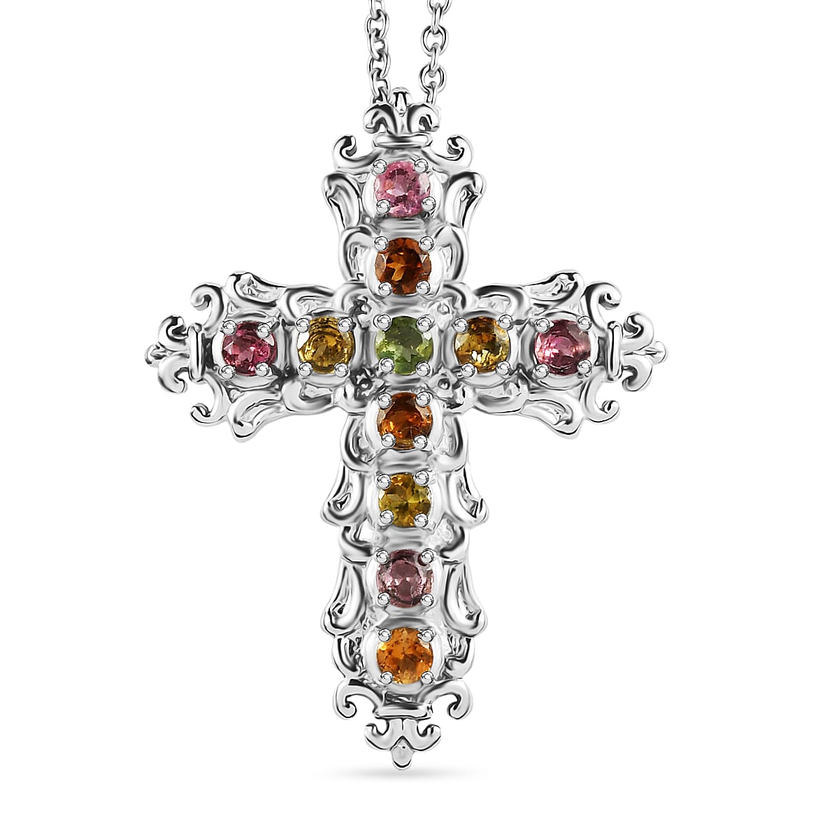 Multi-Tourmaline Cross Pendant with Chain (Size 20) 1.42 Ct.