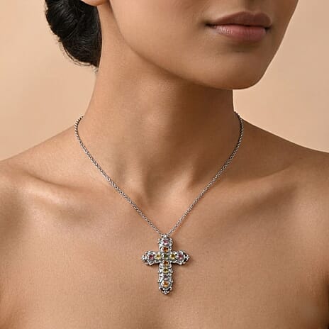 Multi-Tourmaline Cross Pendant with Chain (Size 20) 1.42 Ct.