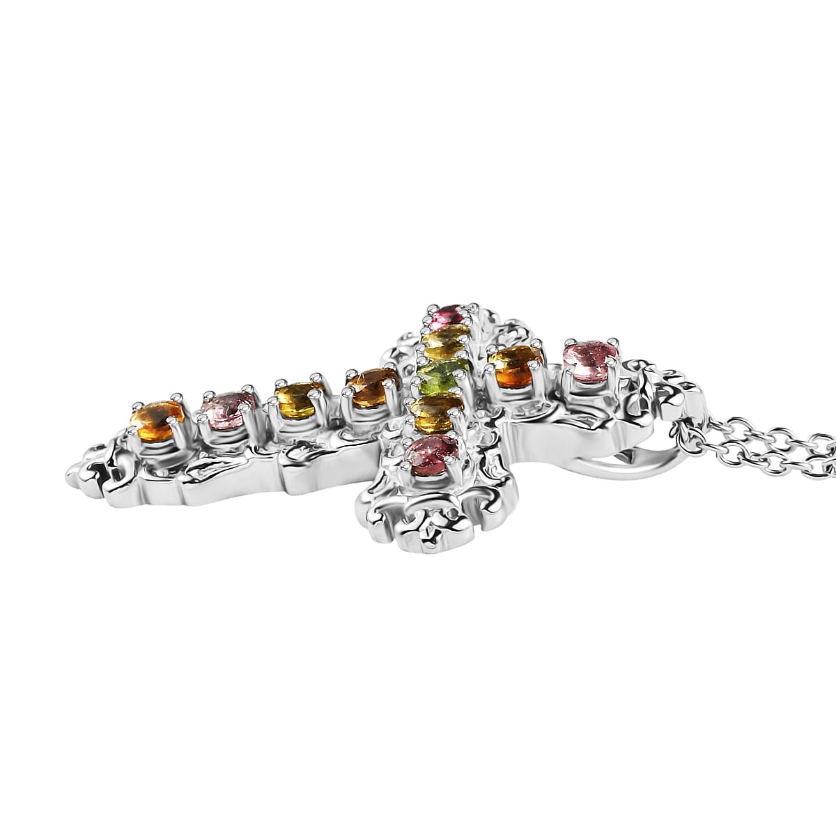 Multi-Tourmaline Cross Pendant with Chain (Size 20) 1.42 Ct.