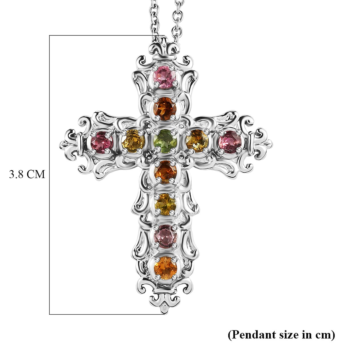 Multi-Tourmaline Cross Pendant with Chain (Size 20) 1.42 Ct.