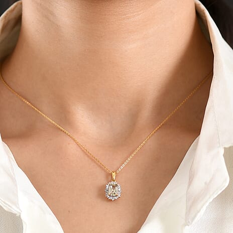 D'Joy - AAA Turkizite & Natural White Diamond Halo Pendant with Chain (Size 20) in 18K Vermeil Yellow Gold Plated Sterling Silver 1.35 Ct.