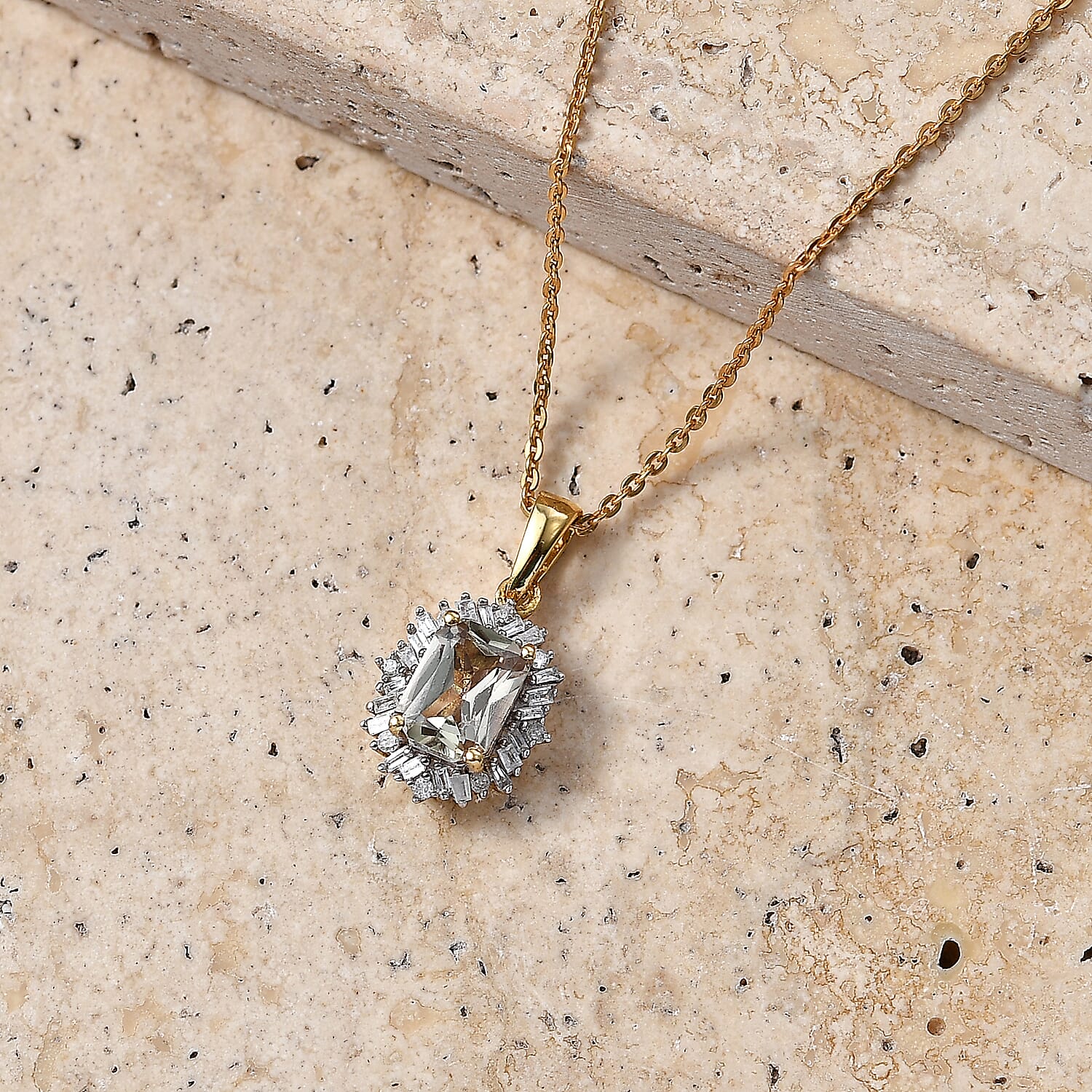 D'Joy - AAA Turkizite & Natural White Diamond Halo Pendant with Chain (Size 20) in 18K Vermeil Yellow Gold Plated Sterling Silver 1.35 Ct.