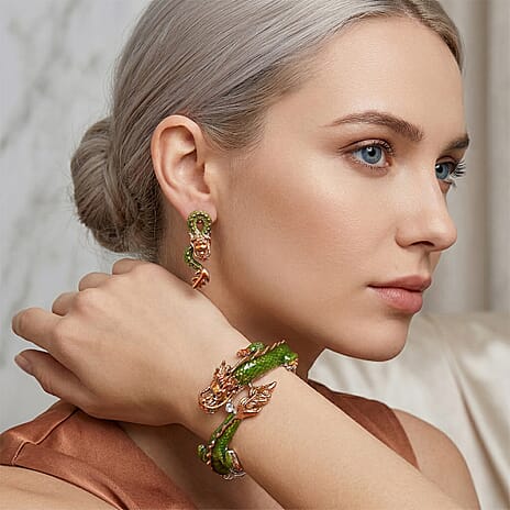 Set of 2 - White Crystal Dragon Enamelled Bangle & Push Back Earrings in Silver & Yellow Gold Tone