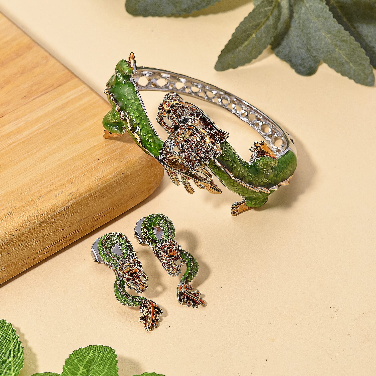 Set of 2 - White Crystal Dragon Bangle (Size - 6.5) & Push Back Earring in Silver & Yellow Gold Tone