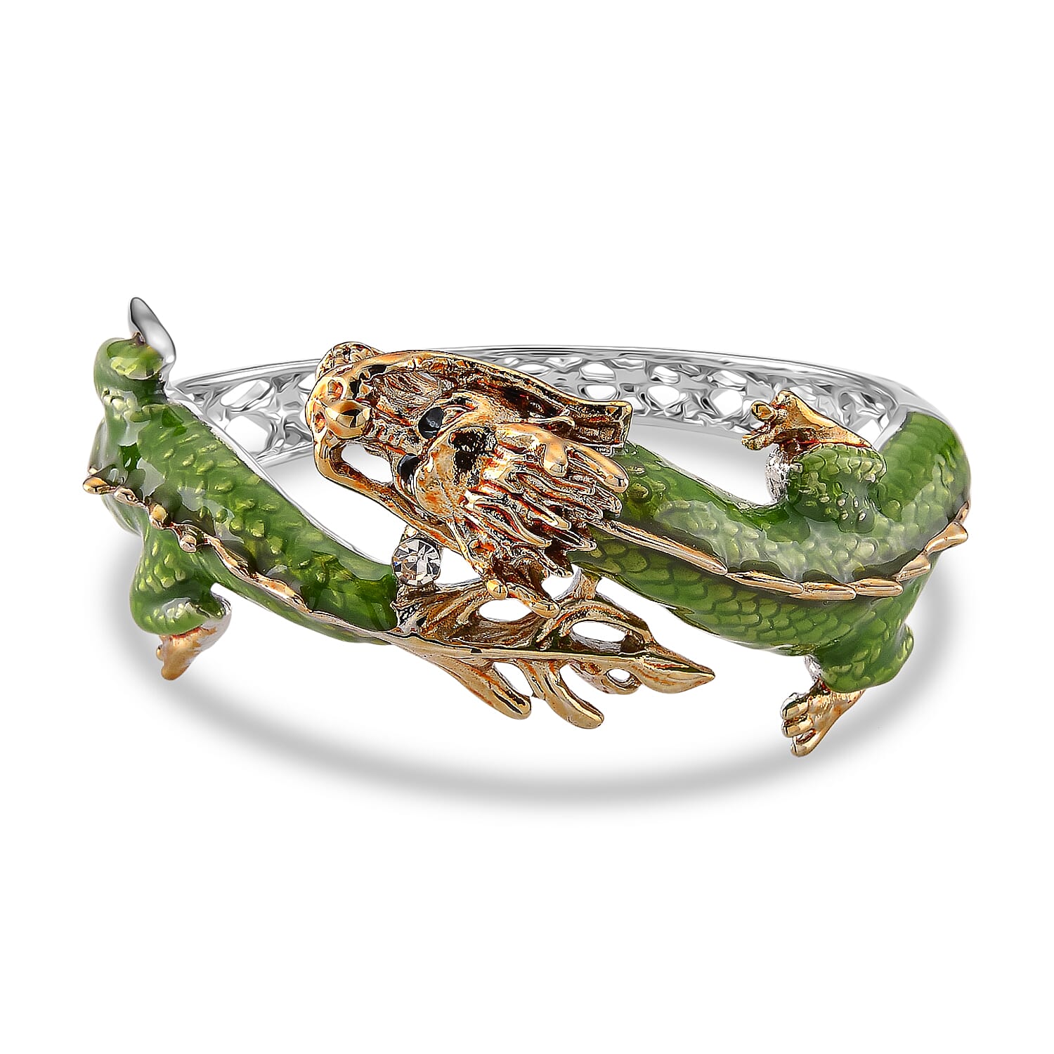 Set of 2 - White Crystal Dragon Bangle (Size - 6.5) & Push Back Earring in Silver & Yellow Gold Tone