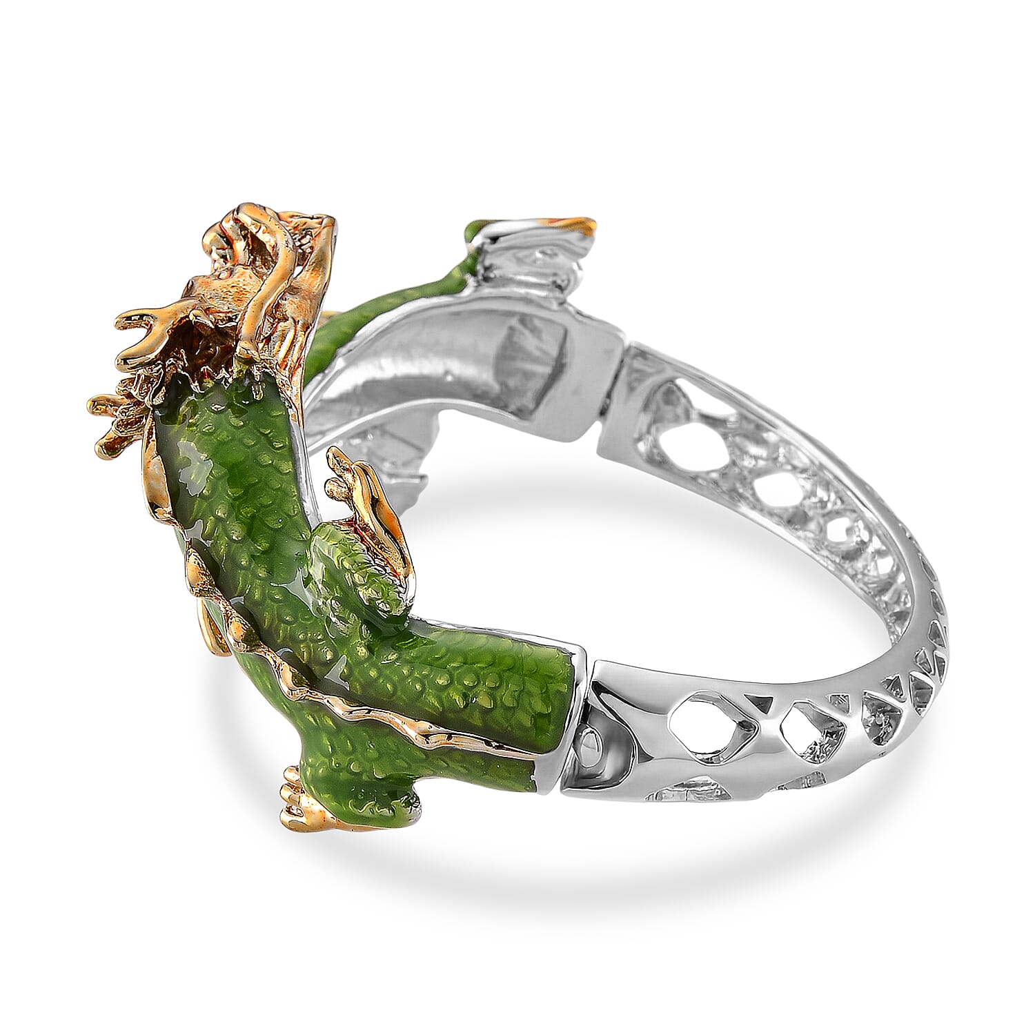 Set of 2 - White Crystal Dragon Bangle (Size - 6.5) & Push Back Earring in Silver & Yellow Gold Tone