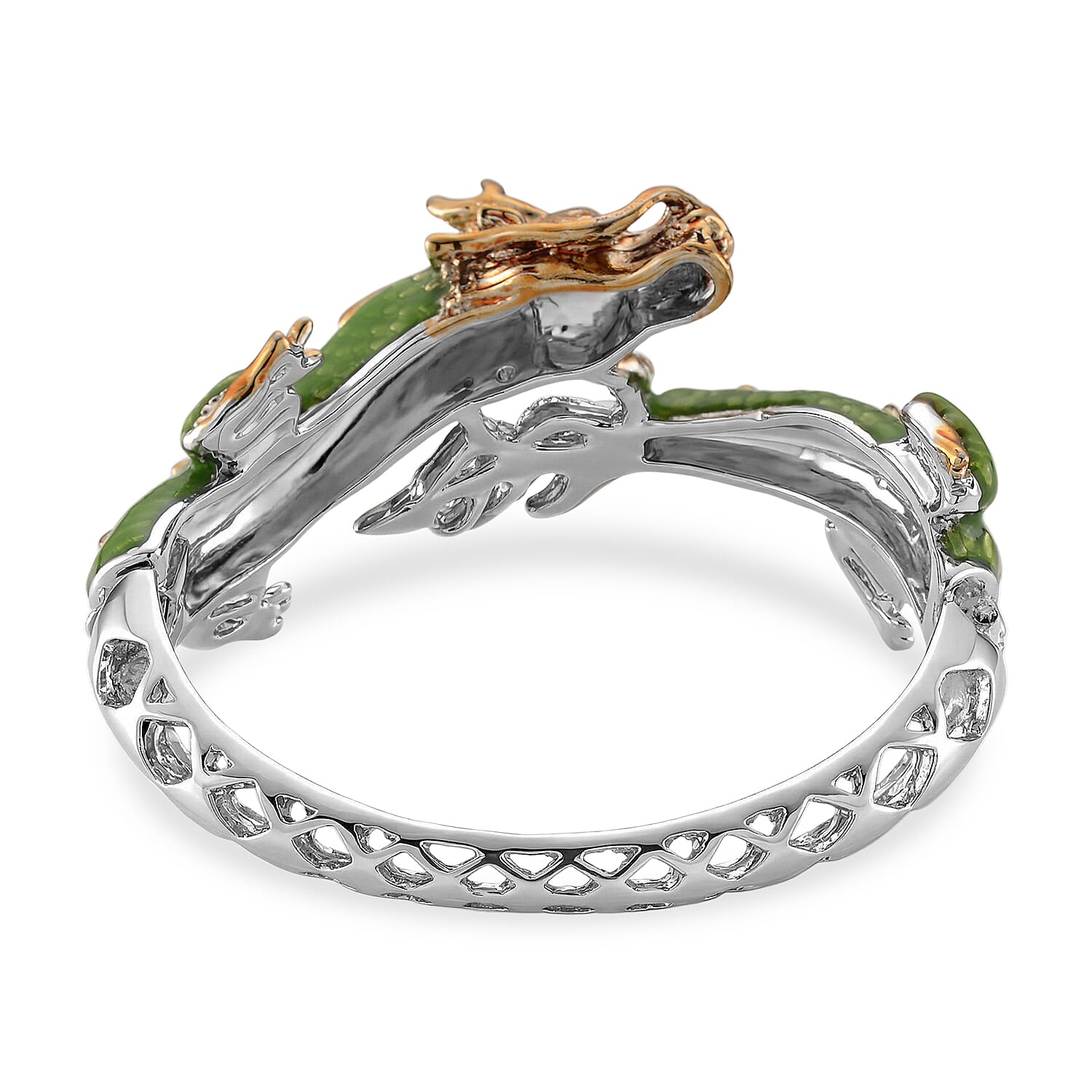 Set of 2 - White Crystal Dragon Bangle (Size - 6.5) & Push Back Earring in Silver & Yellow Gold Tone