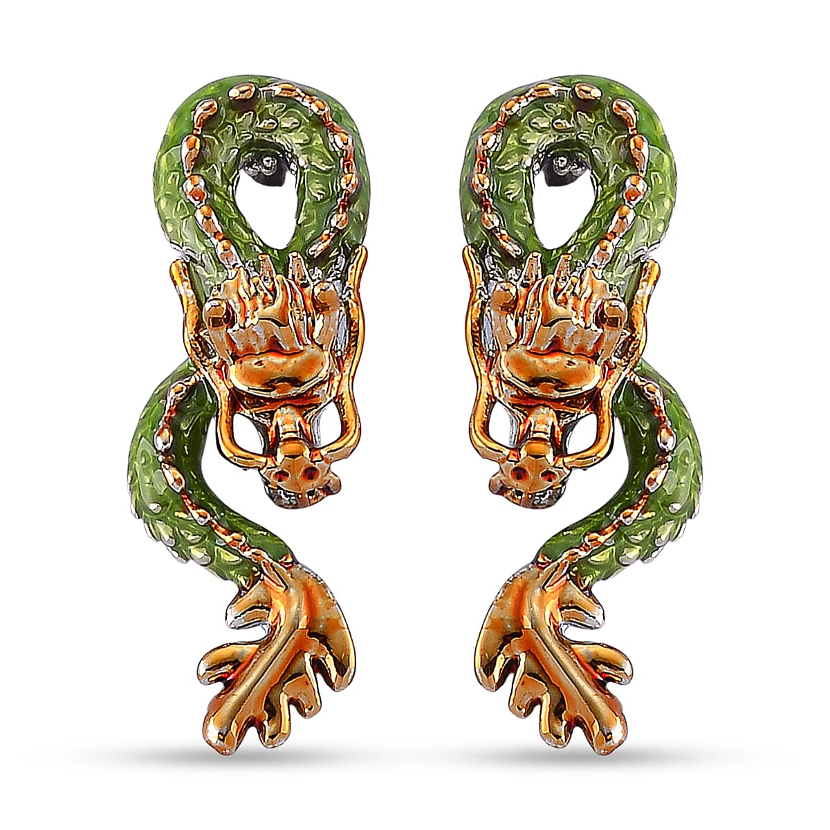 Set of 2 - White Crystal Dragon Bangle (Size - 6.5) & Push Back Earring in Silver & Yellow Gold Tone