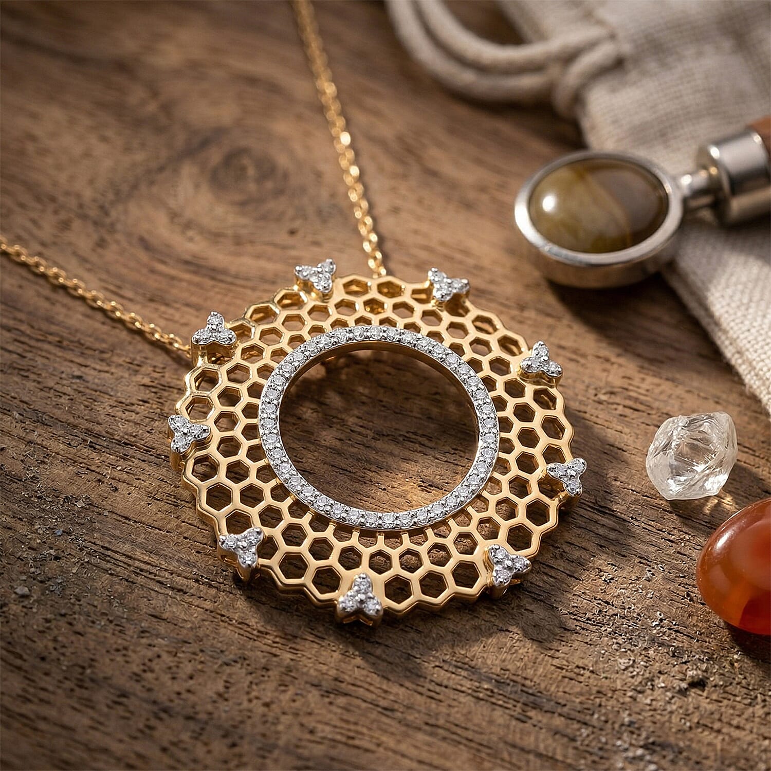 White Diamond  Kanchanaburi Blue Sapphire Pendant with Torn Chain 19DC (Size 20) in 18K YG Vermeil Sterling Silver 0.01 ct  Silver Wt. 5.55 Gms  0.278  Ct.