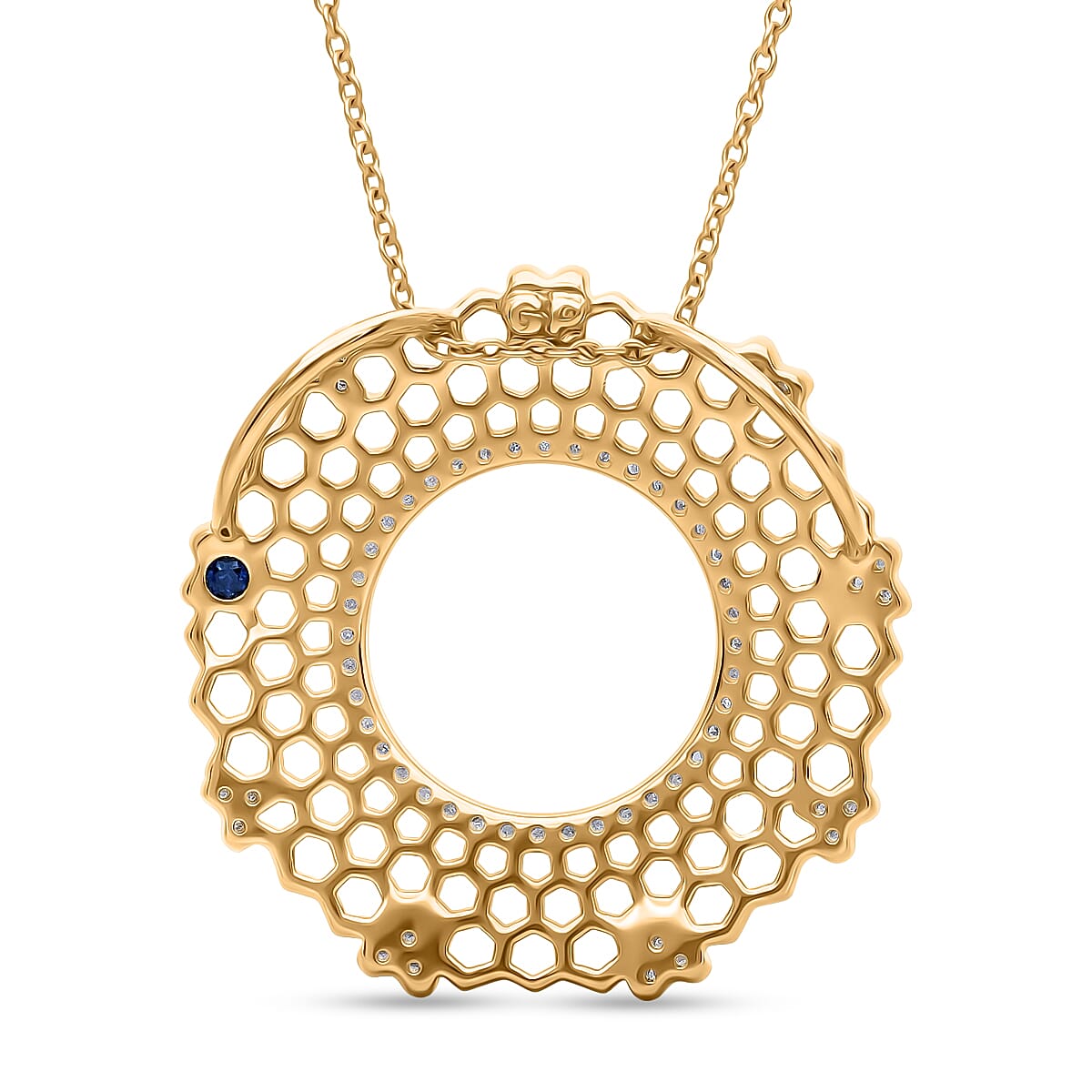 White Diamond  Kanchanaburi Blue Sapphire Pendant with Torn Chain 19DC (Size 20) in 18K YG Vermeil Sterling Silver 0.01 ct  Silver Wt. 5.55 Gms  0.278  Ct.