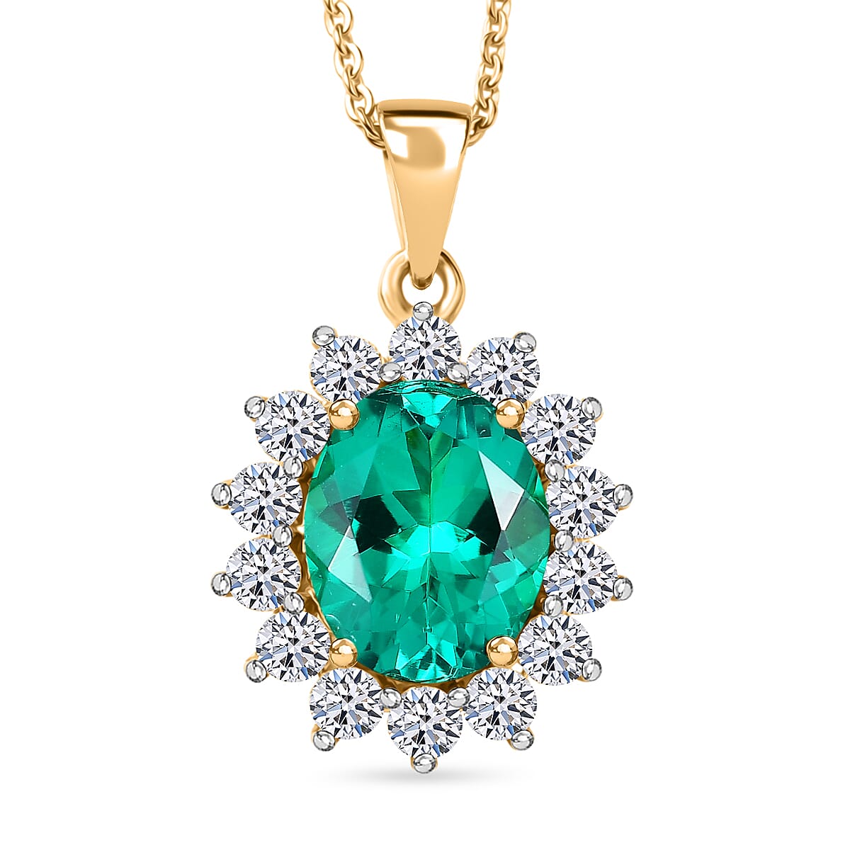 Luxuriant - AAA Lab Grown Columbian Emerald & SI-G-H Lab Grown Diamond Pendant with Chain (Size 20) in 18K Vermeil Yellow Gold Plated Sterling Silver 2.92 Ct.