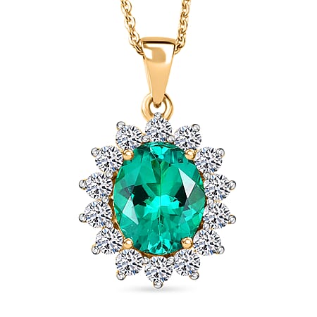 Luxuriant - AAA Lab Grown Columbian Emerald and Lab Grown Diamond (VS-E-F 0.65 Cts) Pendant with Chain (Size 20) in 18K Vermeil  Sterling Silver 2.92 Ct.