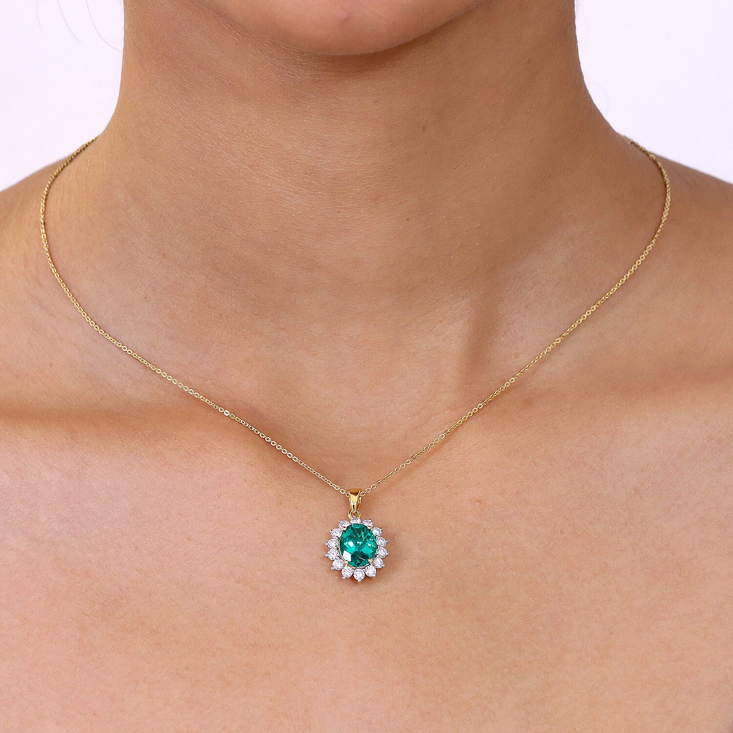 Luxuriant - AAA Lab Grown Columbian Emerald & SI-G-H Lab Grown Diamond Pendant with Chain (Size 20) in 18K Vermeil Yellow Gold Plated Sterling Silver 2.92 Ct.