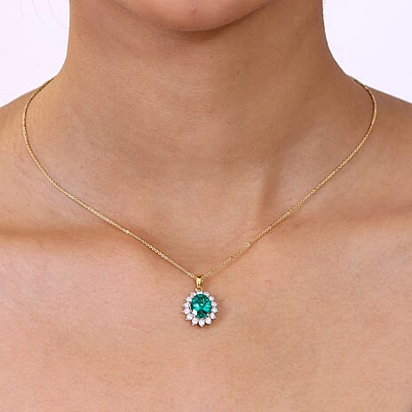 Luxuriant - AAA Lab Grown Columbian Emerald and Lab Grown Diamond (VS-E-F 0.65 Cts) Pendant with Chain (Size 20) in 18K Vermeil  Sterling Silver 2.92 Ct.