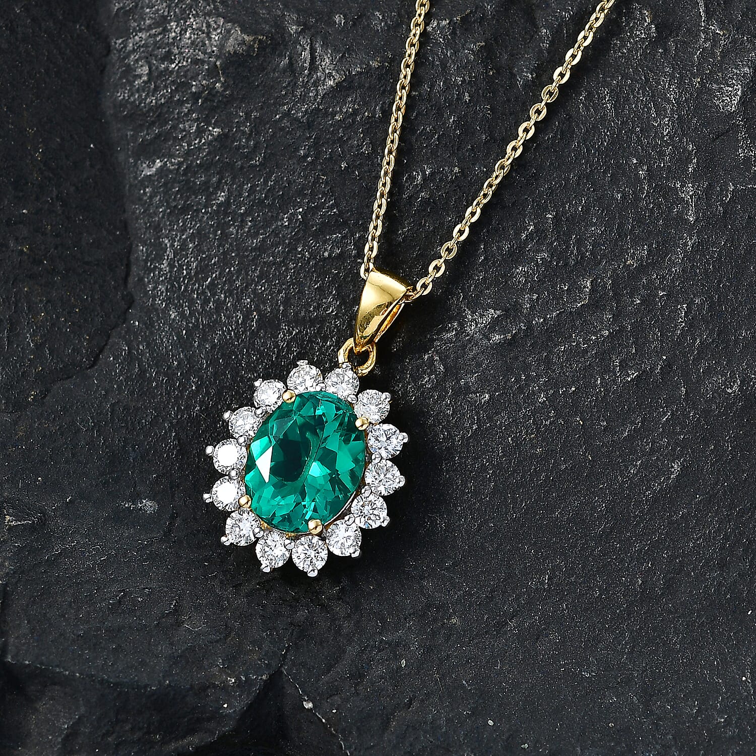 Luxuriant - AAA Lab Grown Columbian Emerald & SI-G-H Lab Grown Diamond Pendant with Chain (Size 20) in 18K Vermeil Yellow Gold Plated Sterling Silver 2.92 Ct.