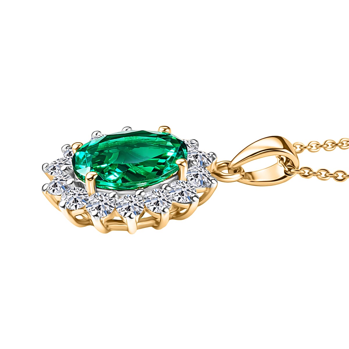 Luxuriant - AAA Lab Grown Columbian Emerald & SI-G-H Lab Grown Diamond Pendant with Chain (Size 20) in 18K Vermeil Yellow Gold Plated Sterling Silver 2.92 Ct.