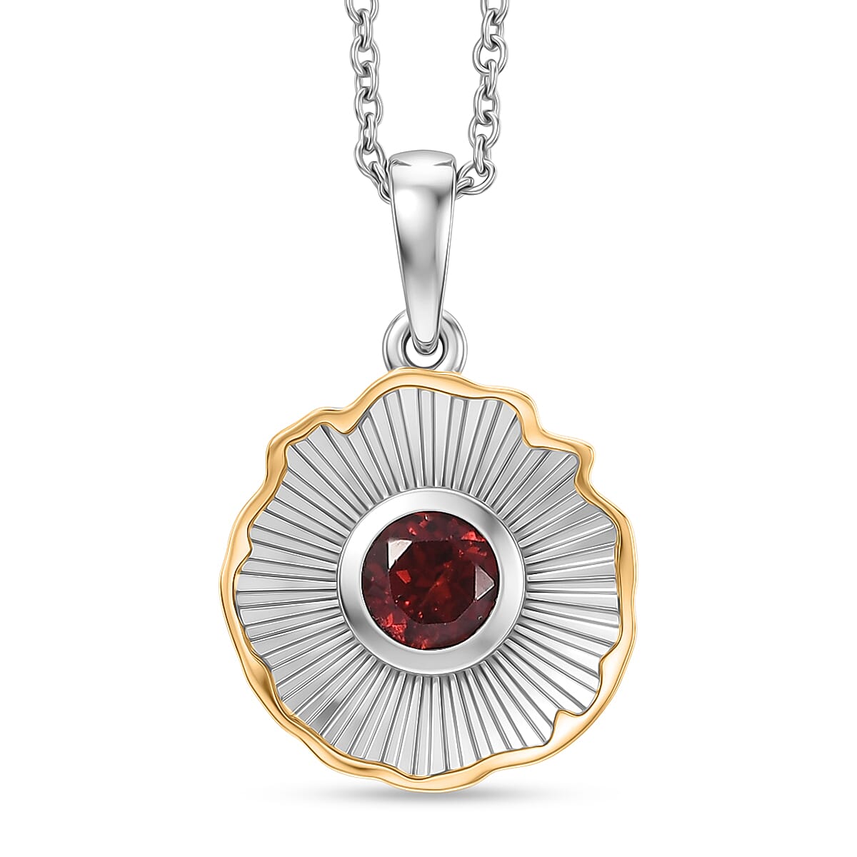 EverTrue - Red Garnet Solitaire Pendant with Chain (Size 20) in Yellow Pen Plating 1.02 Ct.