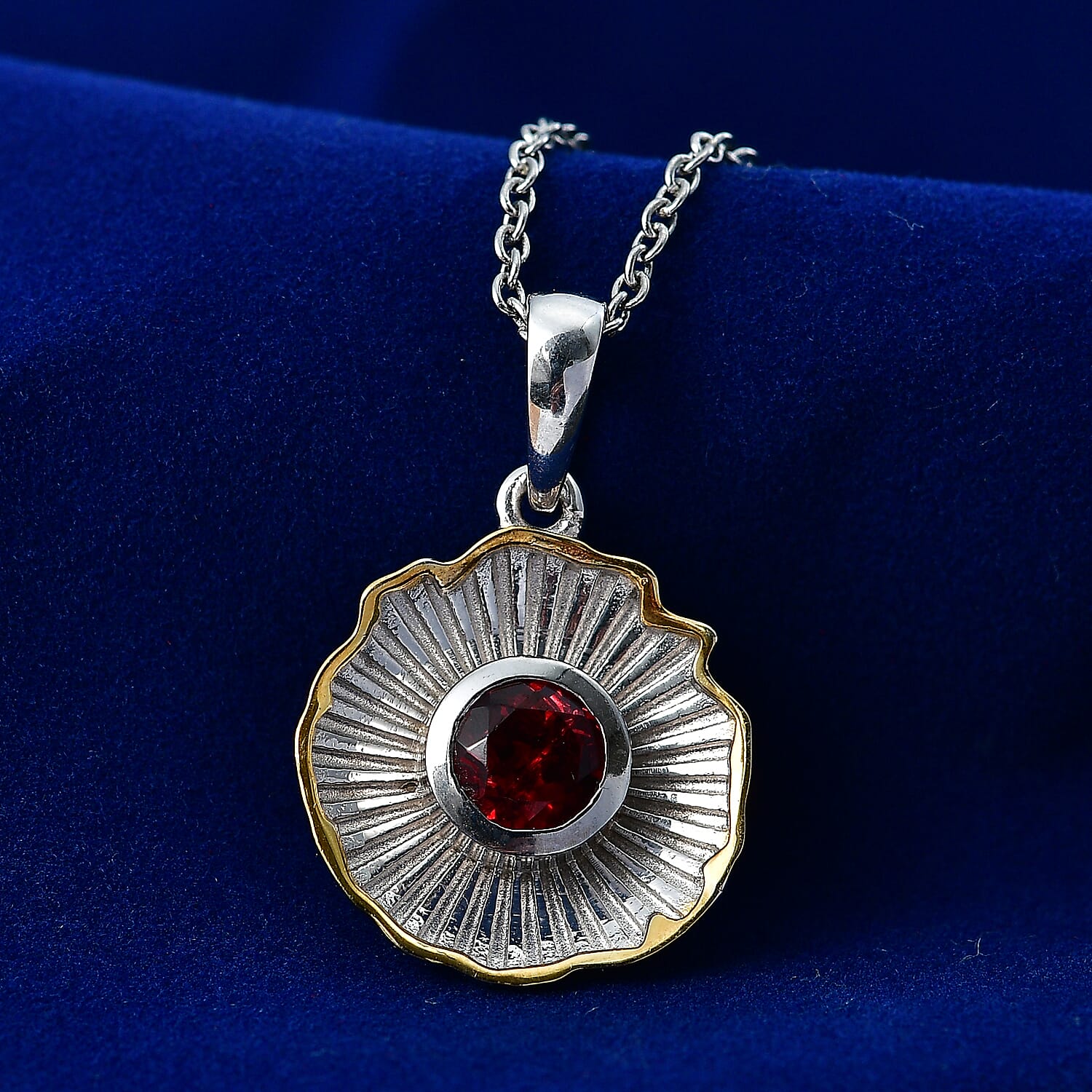 EverTrue - Red Garnet Solitaire Pendant with Chain (Size 20) in Yellow Pen Plating 1.02 Ct.