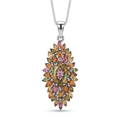 D'Joy - Multi-Tourmaline Pendant with Chain (Size 20) in Rhodium Overlay Sterling Silver 4.28 Ct.