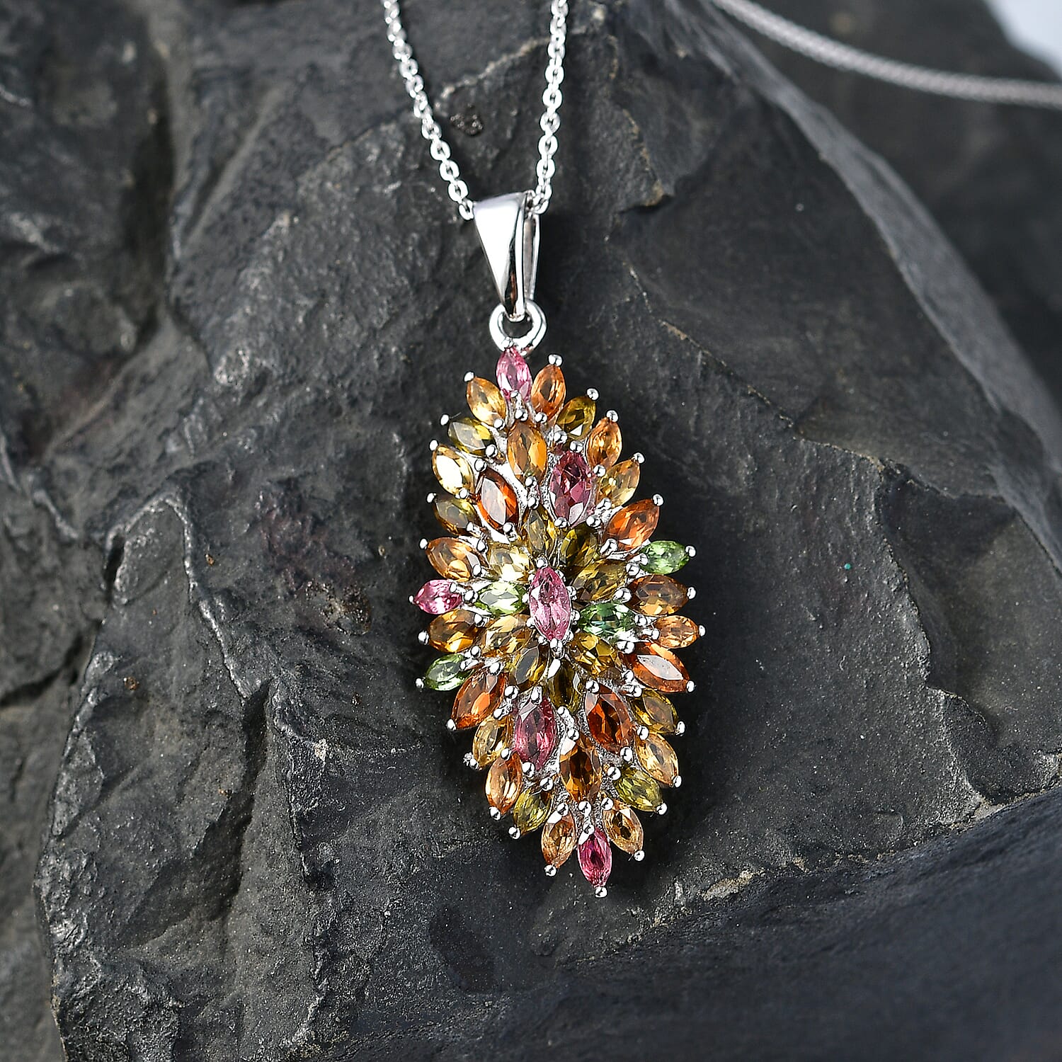D'Joy - Multi-Tourmaline Pendant with Chain (Size 20) in Rhodium Overlay Sterling Silver 4.28 Ct.