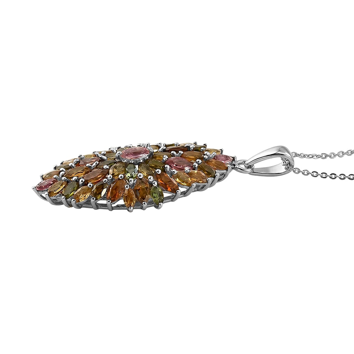 D'Joy - Multi-Tourmaline Pendant with Chain (Size 20) in Rhodium Overlay Sterling Silver 4.28 Ct.
