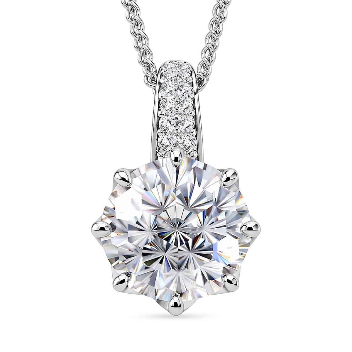 GRA Certified Moissanite Solitaire Pendant with Chain (Size 18) in Rhodium Overlay Sterling Silver 3Ct.
