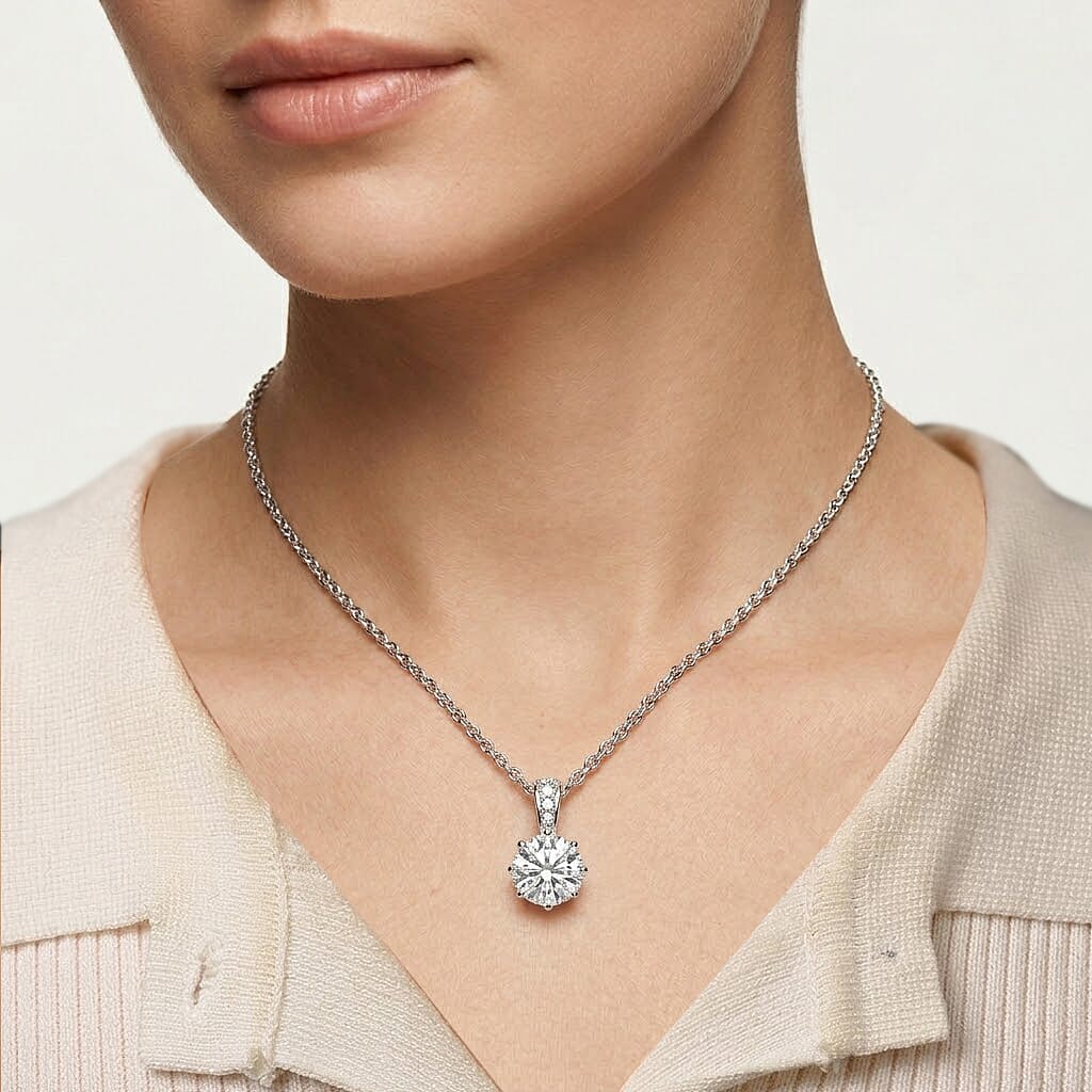GRA Certified Moissanite Solitaire Pendant with Chain (Size 18) in Rhodium Overlay Sterling Silver 3Ct.