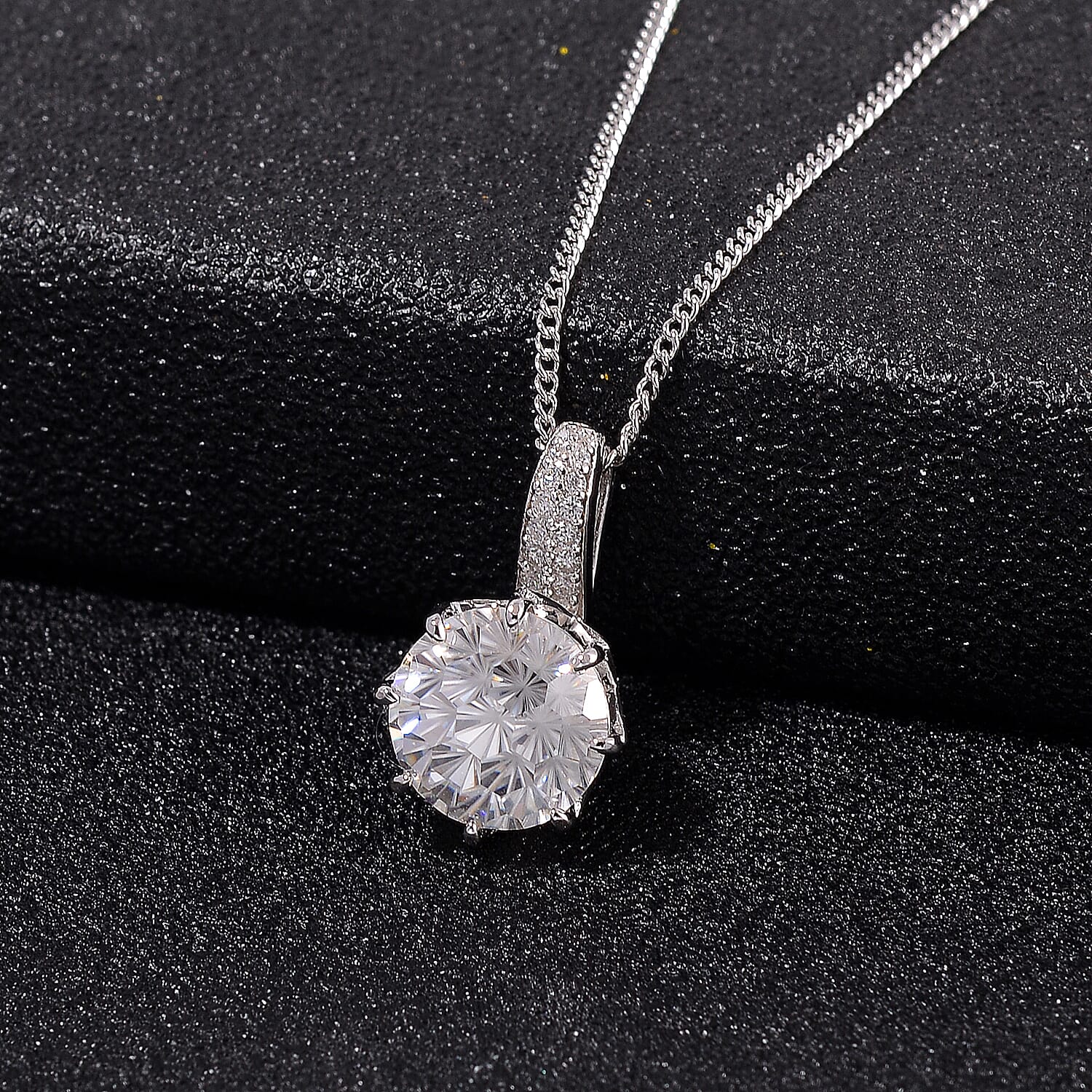 GRA Certified Moissanite Solitaire Pendant with Chain (Size 18) in Rhodium Overlay Sterling Silver 3Ct.