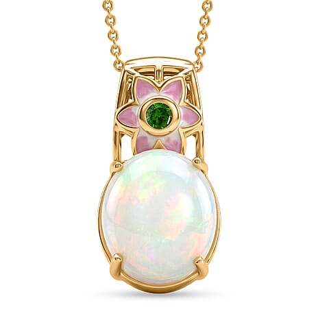 GP - AAA Ethiopian Opal, Natural Chrome Diopside & Kanchanaburi Blue Sapphire Pendant with Chain (Size 20) in 18K Vermeil Yellow Gold Plated Sterling Silver 3.62 Ct.