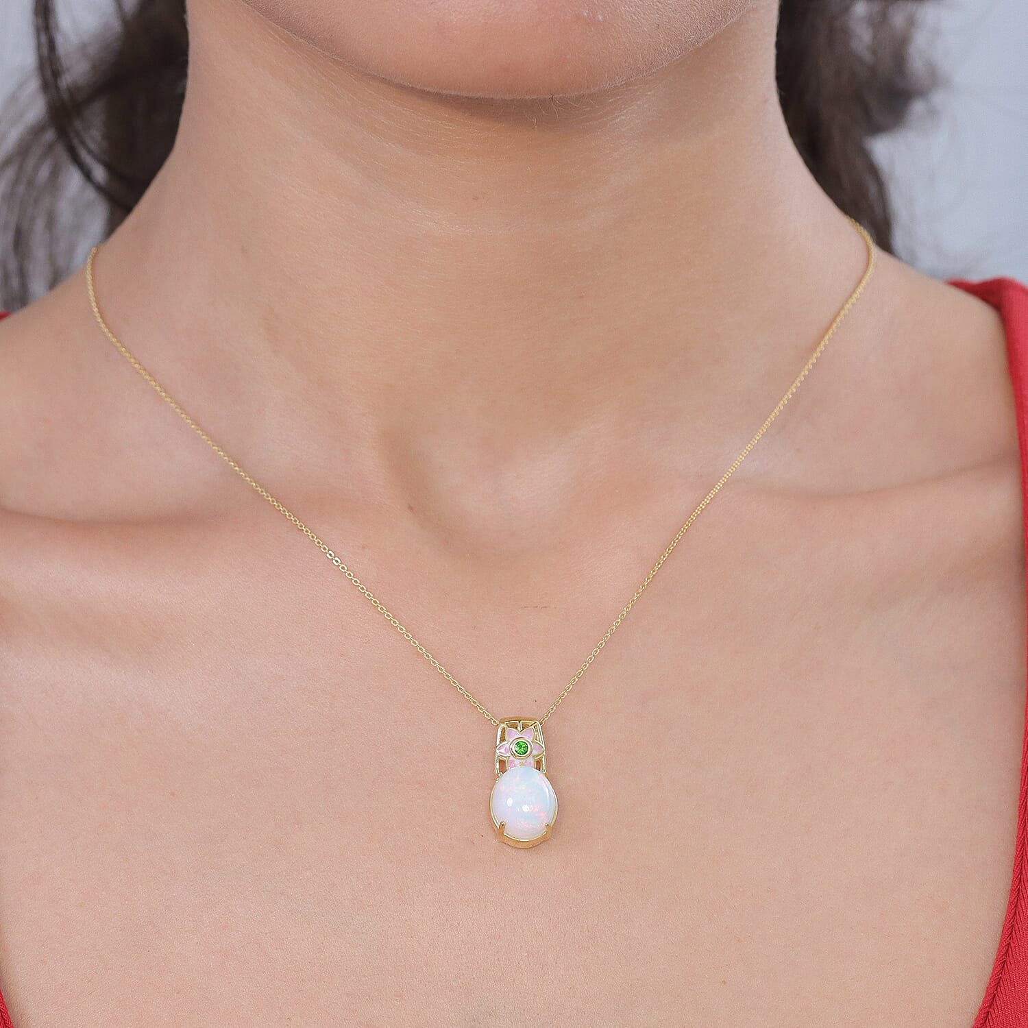 GP - AAA Ethiopian Opal, Natural Chrome Diopside & Kanchanaburi Blue Sapphire Pendant with Chain (Size 20) in 18K Vermeil Yellow Gold Plated Sterling Silver 3.62 Ct.
