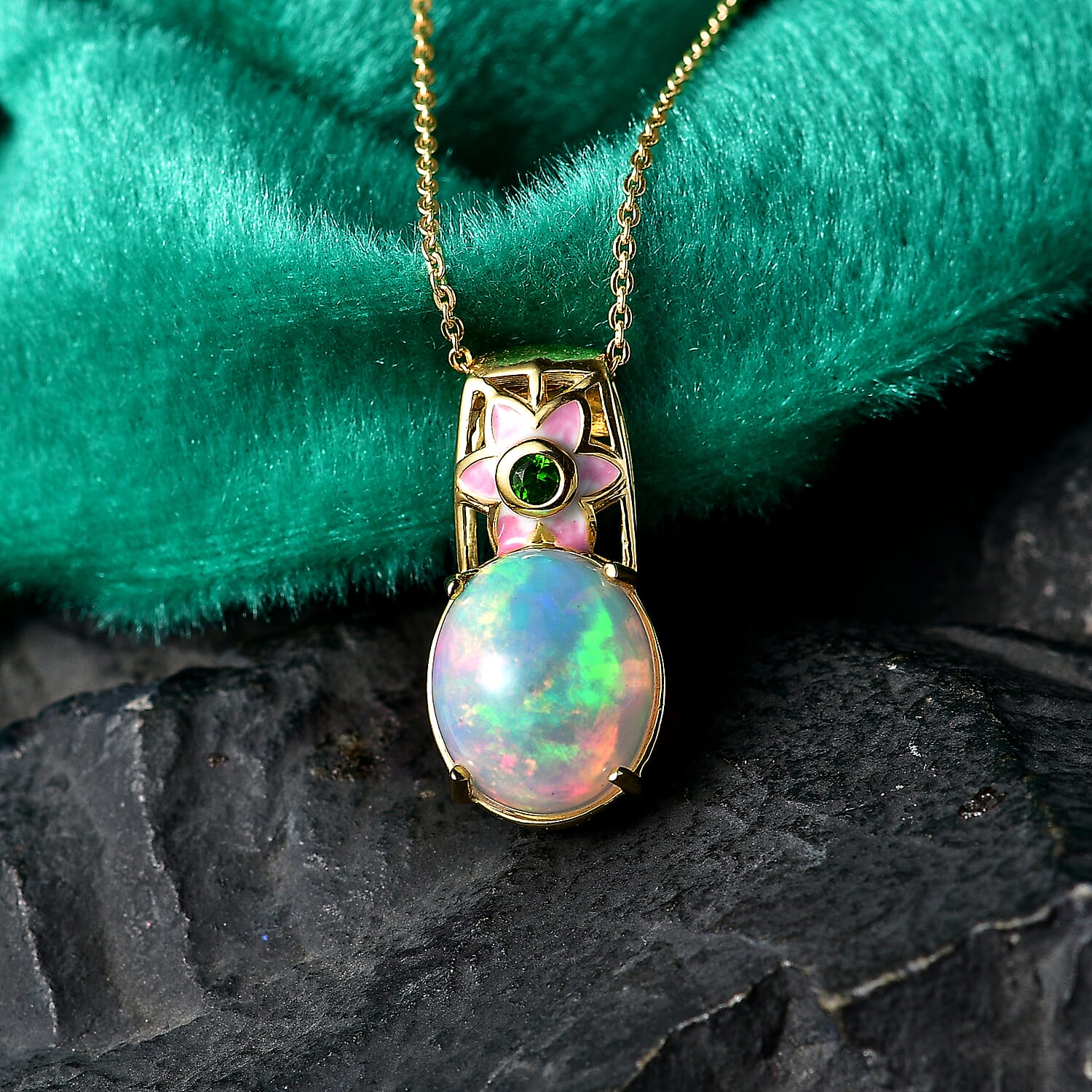 GP - AAA Ethiopian Opal, Natural Chrome Diopside & Kanchanaburi Blue Sapphire Pendant with Chain (Size 20) in 18K Vermeil Yellow Gold Plated Sterling Silver 3.62 Ct.