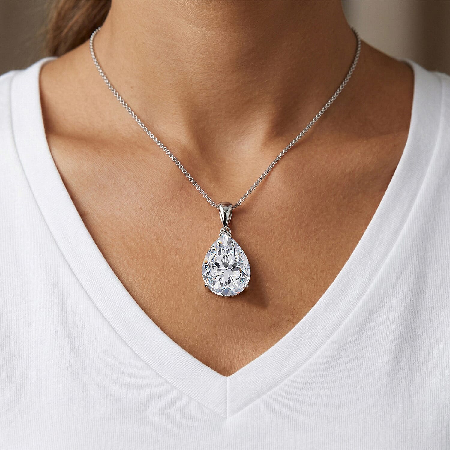 Moissanite Solitaire Pendant with Chain (Size 18) in Rhodium Overlay Sterling Silver 10.00 Ct.