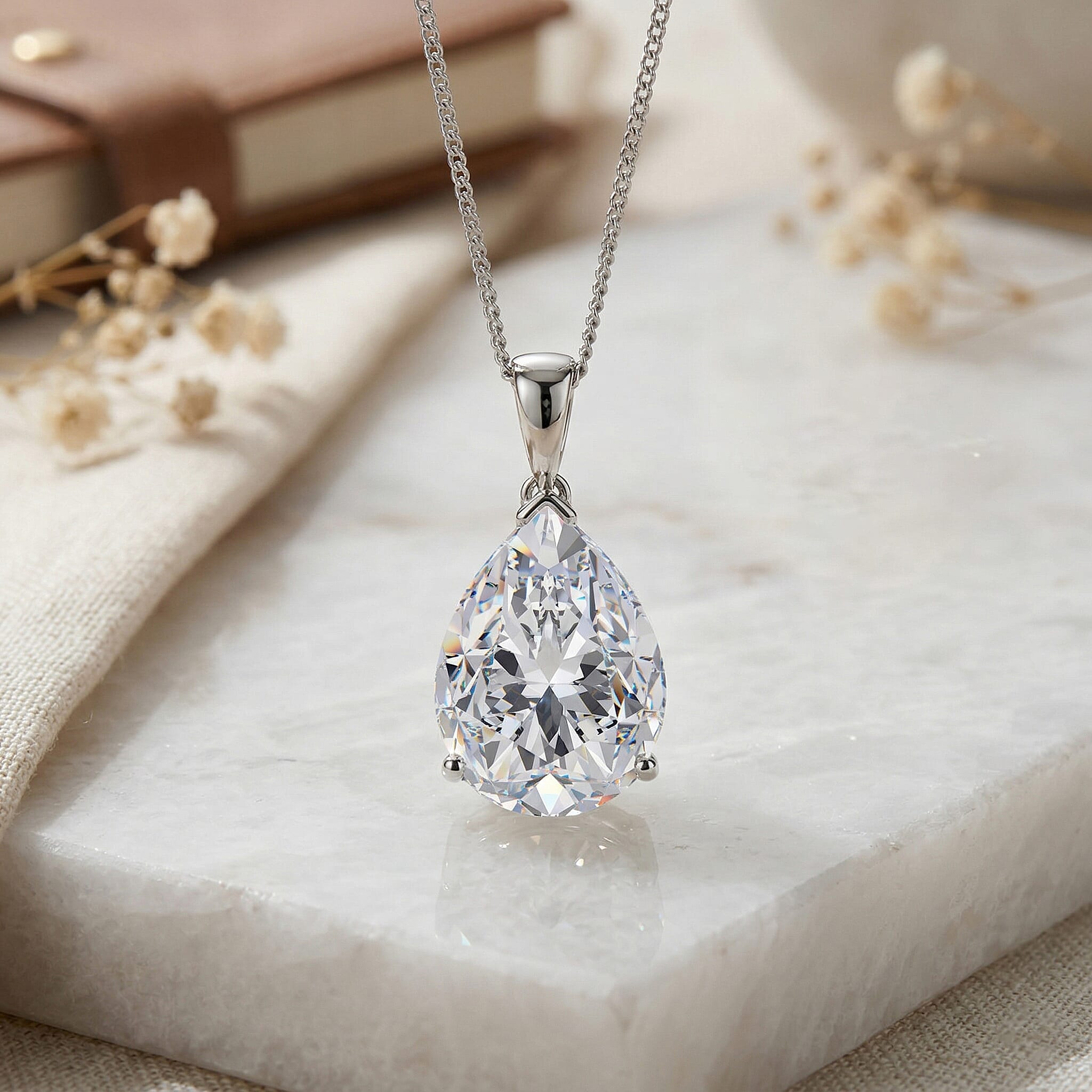Moissanite Solitaire Pendant with Chain (Size 18) in Rhodium Overlay Sterling Silver 10.00 Ct.