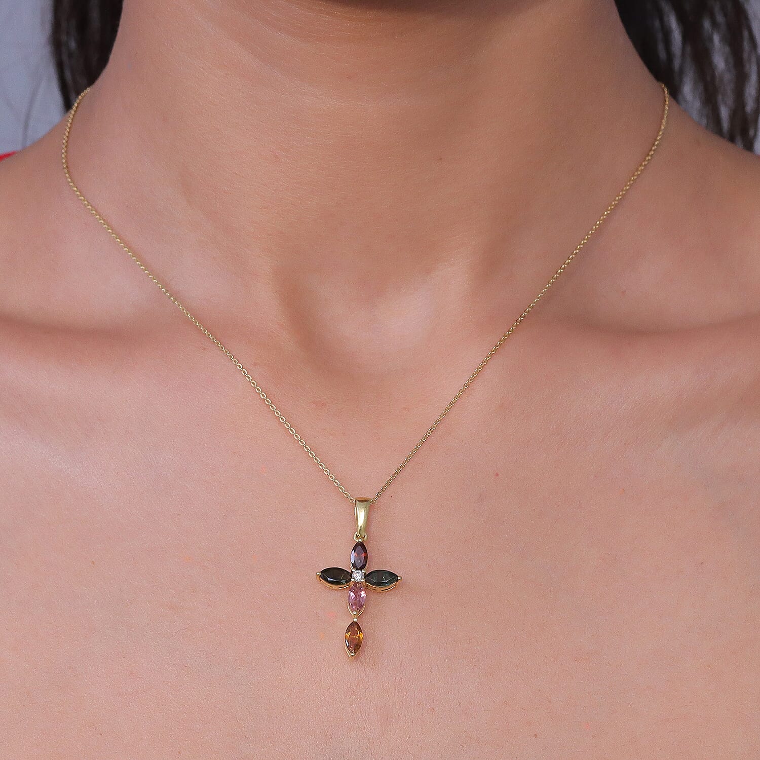 Luxuriant - Multi-Tourmaline & Lab Grown Diamond (SI-G-H) Pendant with Chain (Size 20) in Yellow Gold Plated Sterling Silver 1.80 Ct.