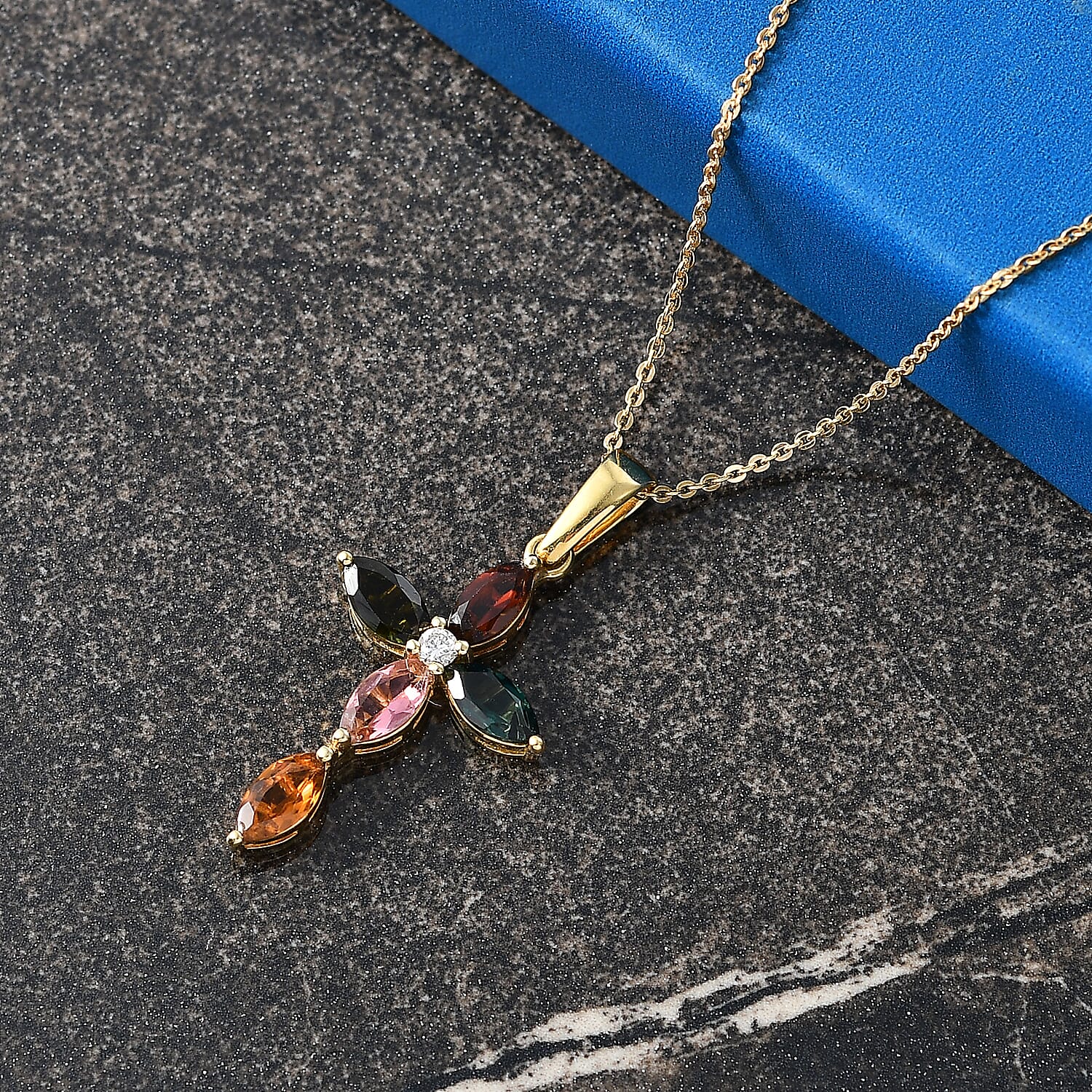 Luxuriant - Multi-Tourmaline & Lab Grown Diamond (SI-G-H) Pendant with Chain (Size 20) in Yellow Gold Plated Sterling Silver 1.80 Ct.