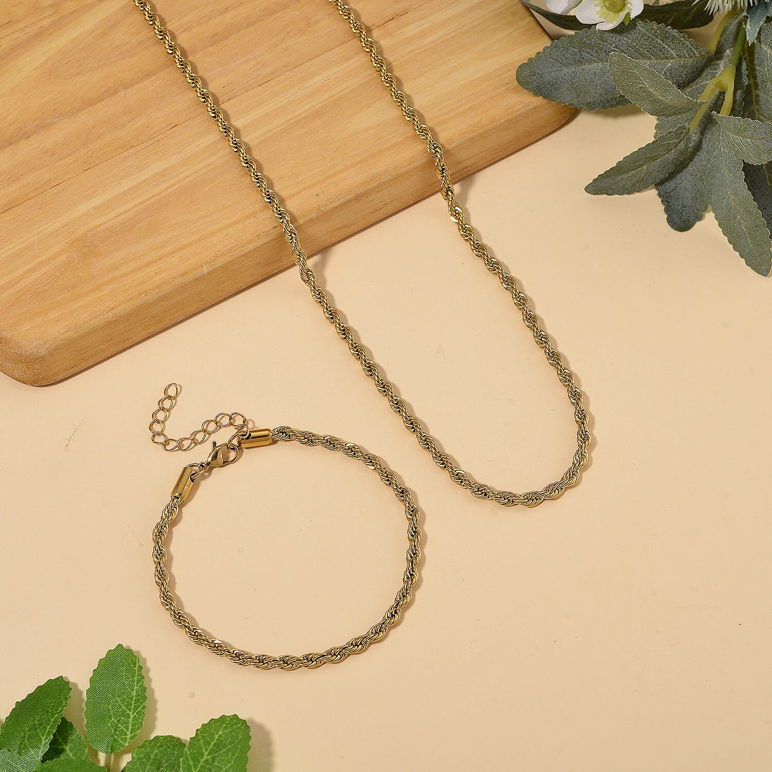 2 Piece Set -  Fancy Necklace and Fancy Bracelet Pure White Stainless Steel