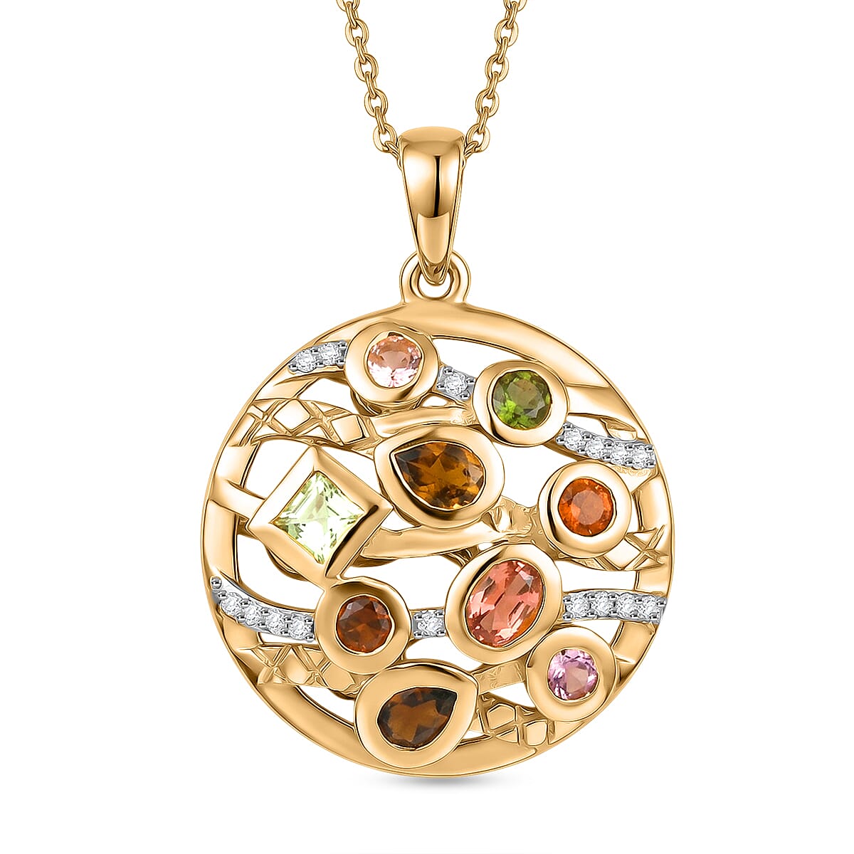 D'Joy - Multi-Tourmaline & White Zircon Cluster Pendant with Chain (Size 20) in Yellow Gold Plated Sterling Silver 1.12 Ct.