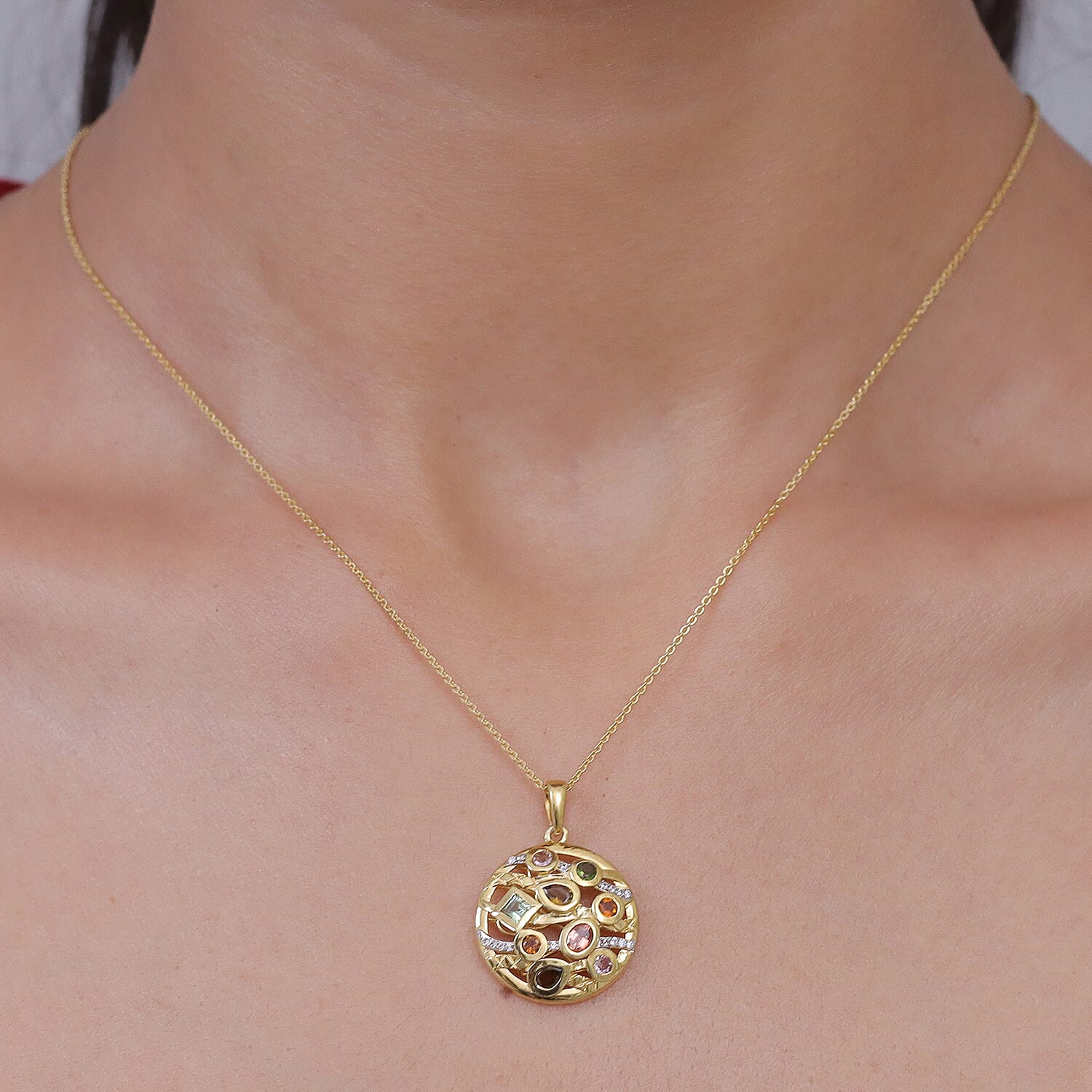 D'Joy - Multi-Tourmaline & White Zircon Cluster Pendant with Chain (Size 20) in Yellow Gold Plated Sterling Silver 1.12 Ct.