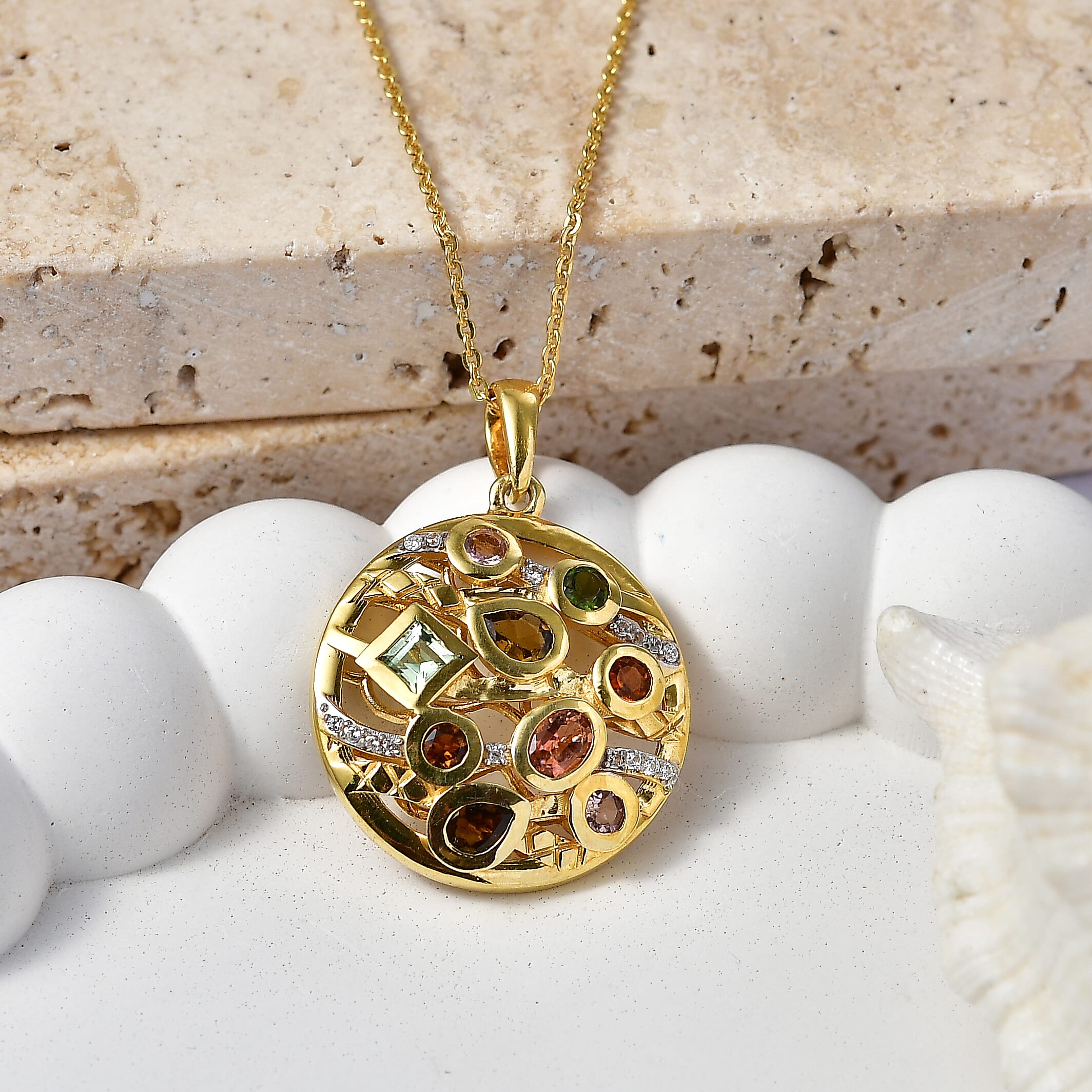D'Joy - Multi-Tourmaline & White Zircon Cluster Pendant with Chain (Size 20) in Yellow Gold Plated Sterling Silver 1.12 Ct.
