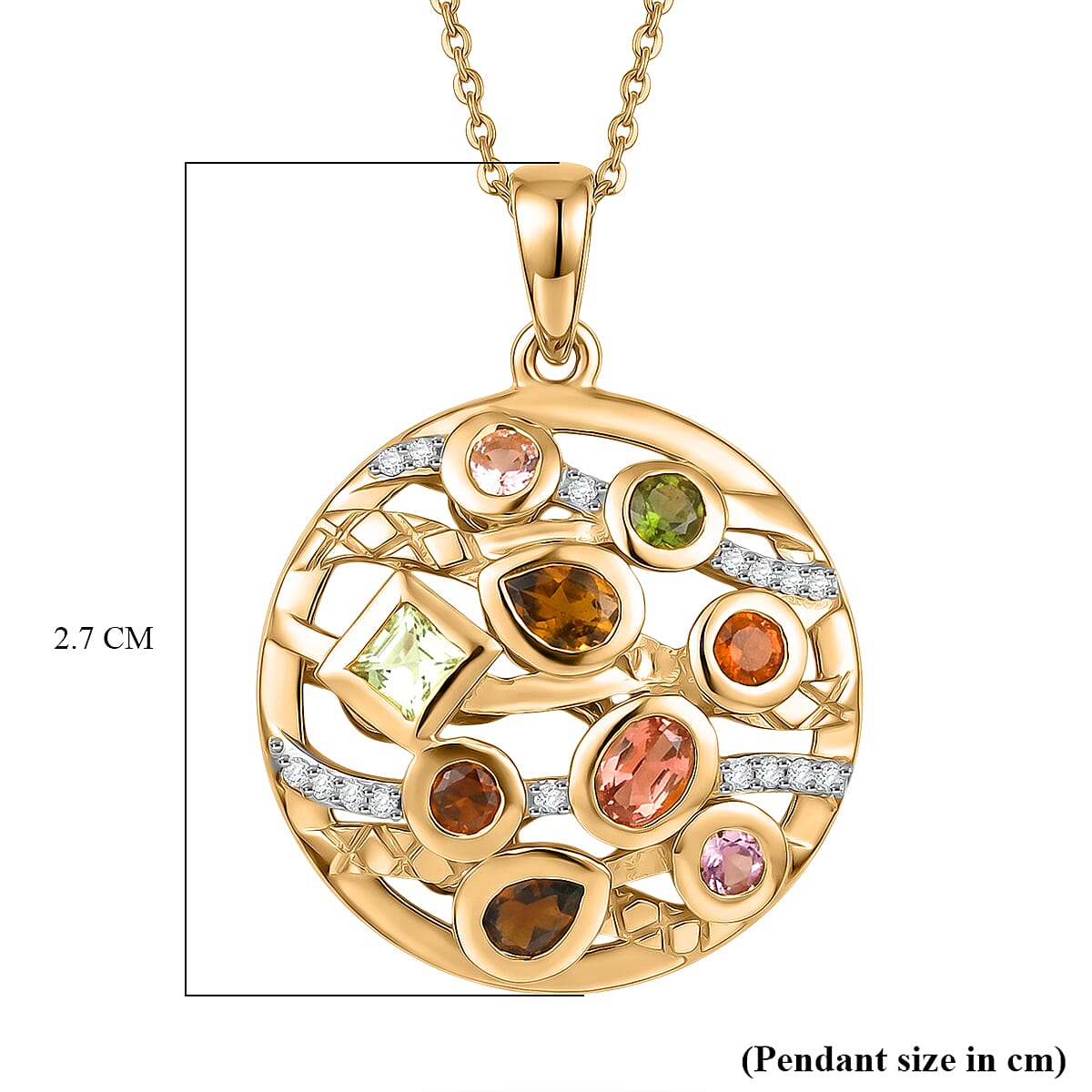 D'Joy - Multi-Tourmaline & White Zircon Cluster Pendant with Chain (Size 20) in Yellow Gold Plated Sterling Silver 1.12 Ct.