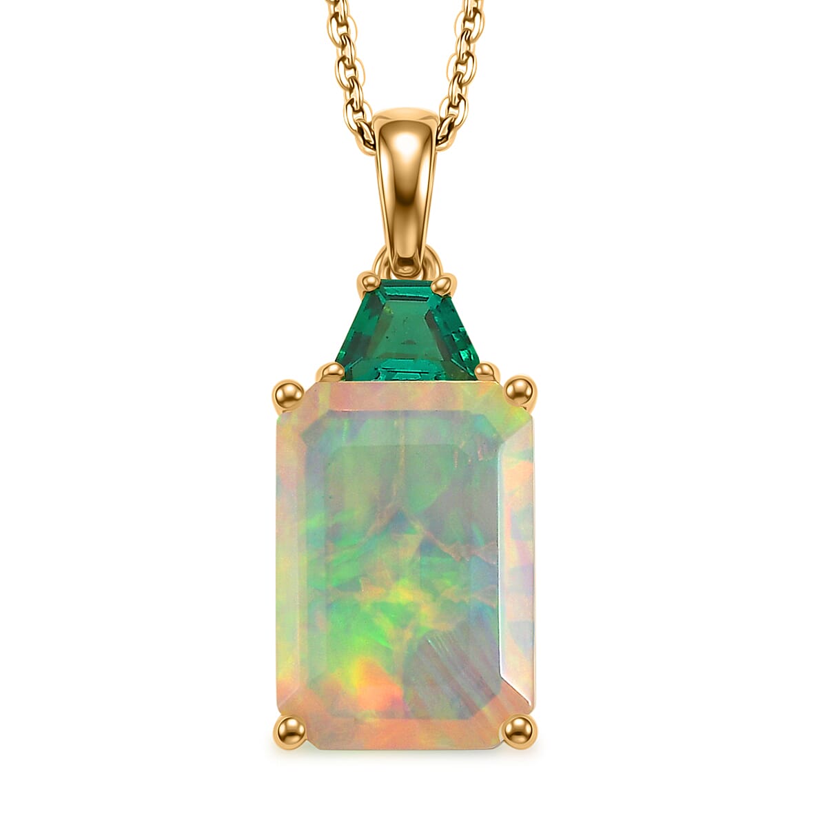 Luxuriant - AAA Ethiopian Opal & Lab Grown Emerald Pendant with Chain (Size -20) in 18K Vermeil Yellow Gold Plated Sterling Silver 3.96 Ct.